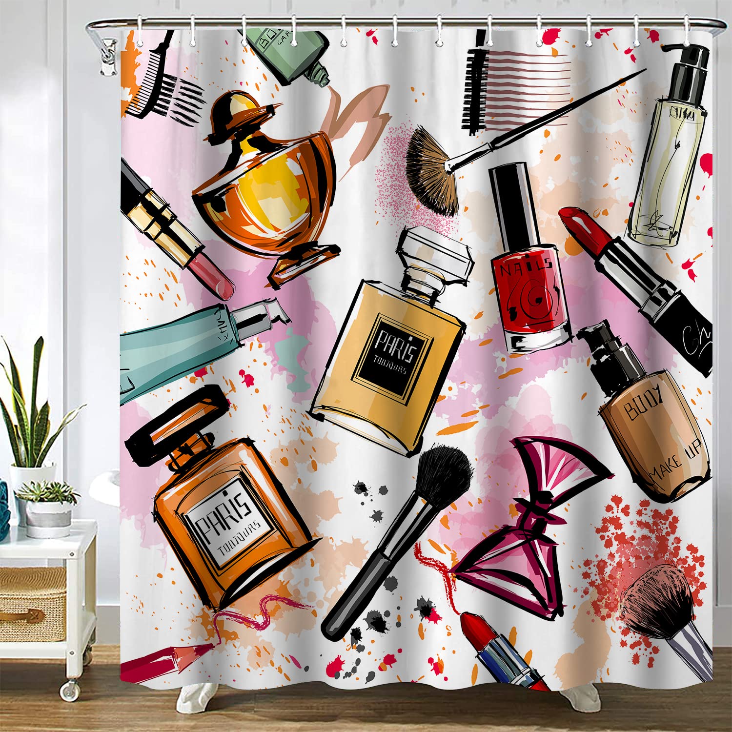 SPXUBZ Girly Cosmetic Make Up Theme Pattern Perfume Lipstick Nail Polish Brush Modern City Lady Multi Shower Curtain Waterproof Bathroom Decor Polyester Fabric Curtain Sets Hooks — image 1