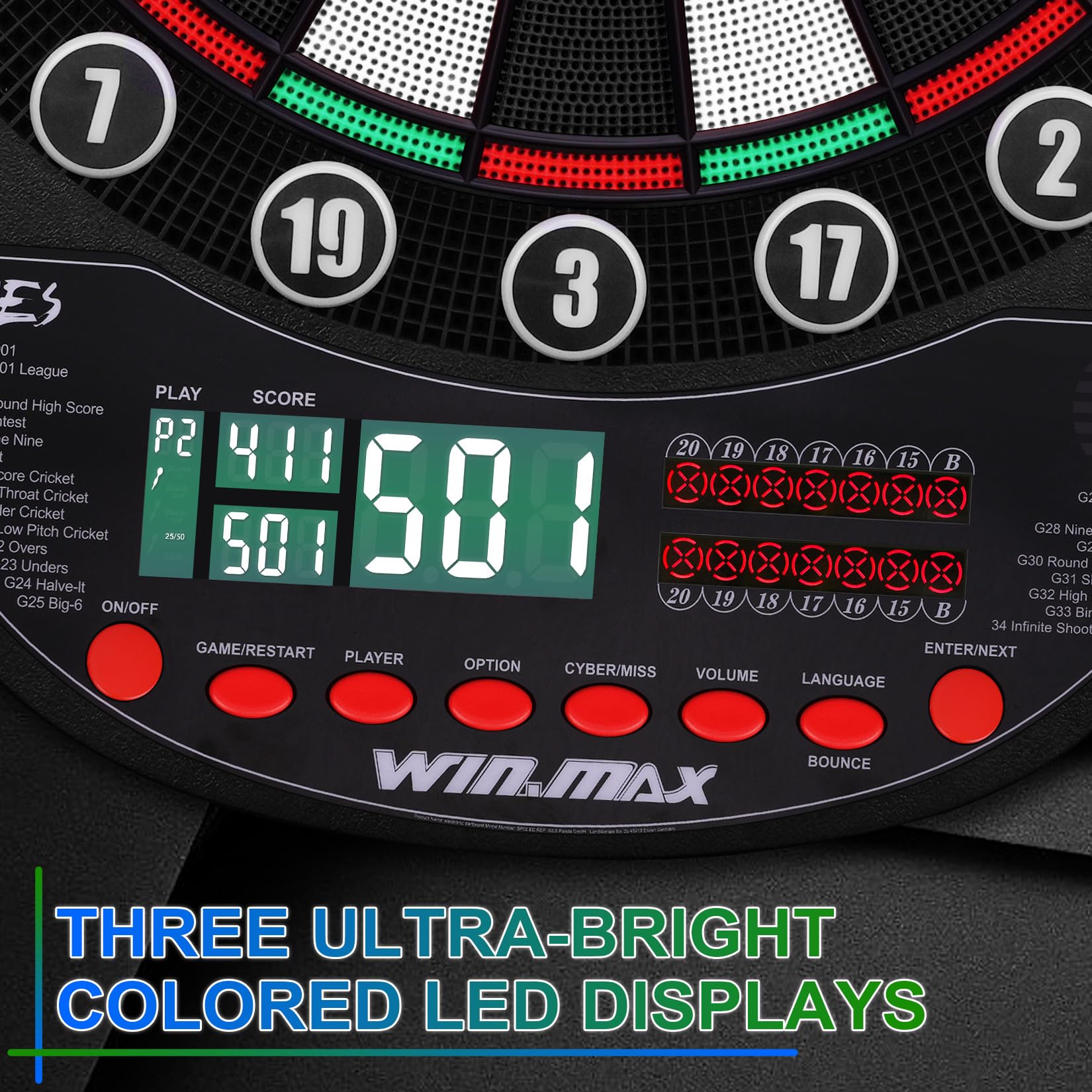 WIN.MAX Bersaglio elettronico per freccette con punta morbida, display a LED, 3 lingue con 12 freccette 100 punte adattatore di alimentazione