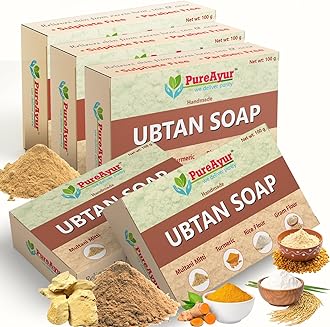 PureAyur handmade Ubtan soap (Pack of 5) made with multani mitti, turmeric, rice flour and gram flour. Natural & organic ingredient