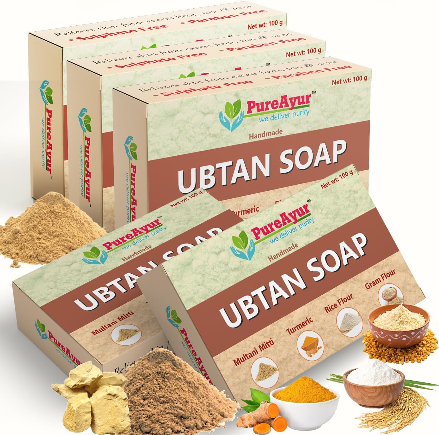 handmade Ubtan soap (Pack of 5) made with multani mitti, turmeric, rice flour and gram flour. Natural & organic ingredient