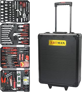Aluminum Trolley Case Tool Set, Hand Tool Box with 4 Layers of Toolset and Wheels, Portable Tool Box for Home/Auto Repair for Men Black