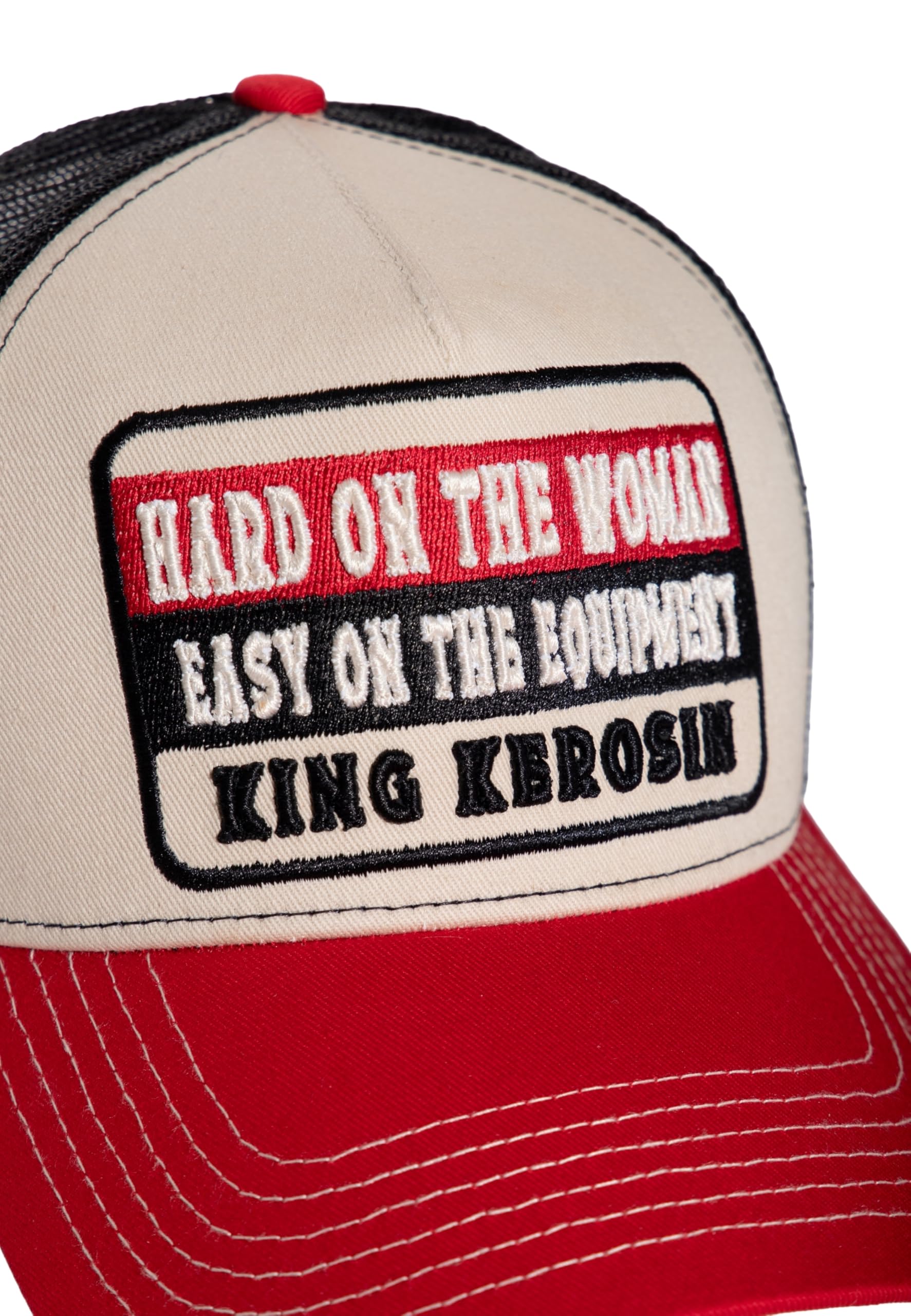 King Kerosin Męska czapka z daszkiem Trucker Mesh z naszywką · Retro czapka Snapback z wkładką z siatki, zakrzywionym daszkiem i regulowanym zapięciem · oddychająca i stylowa czapka Hard On The Woman
