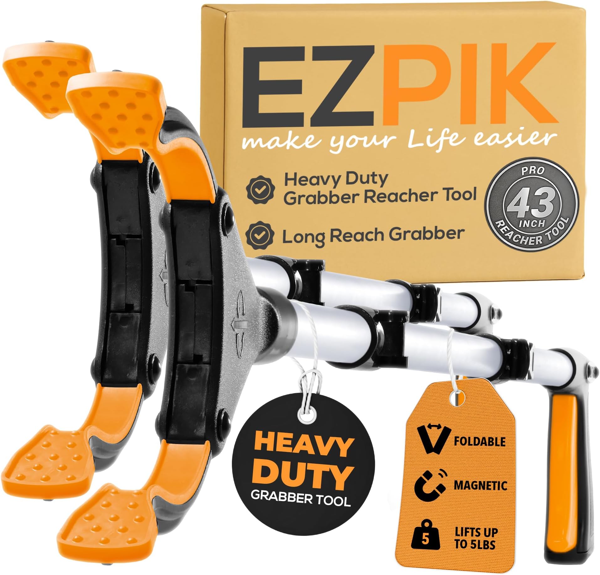 EZPIK Pro 43" Foldable Grabber Reacher Tool for Seniors - Grabbers for Elderly Reaching Tool Heavy Duty Pickup Trash Picker Upper Equipment - Claw Grabber Stick for Reaching Aids, Weed Gripper 2-Pack
