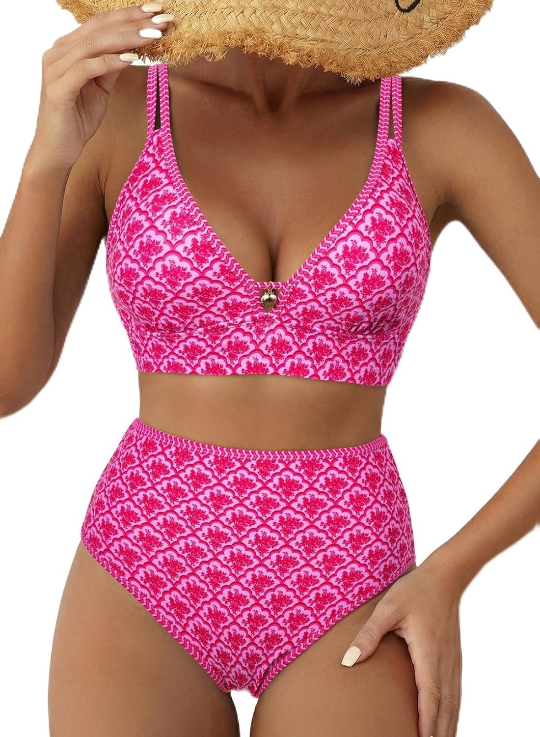 Herseas Women's 2 Piece Floral Print Bikini Sets V Neck Stitch Swimsuits High Waisted Bathing Suit Beach Summer Swimwear