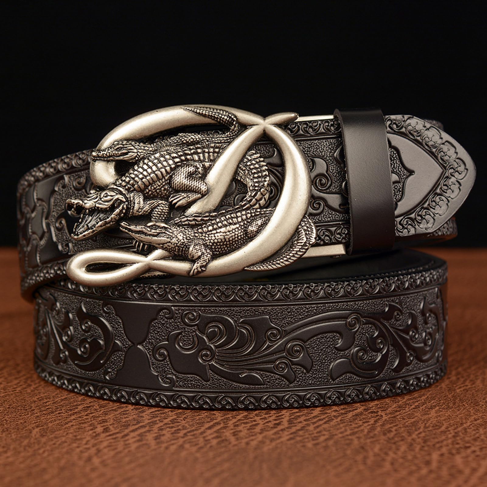 Cinturón De Cuero Con Trinquete Deslizante, Hebilla Automática Ajustable, Cinturón Clásico For Jeans Ocio, Cintura 125 Cm/42 "~ 44", Negro