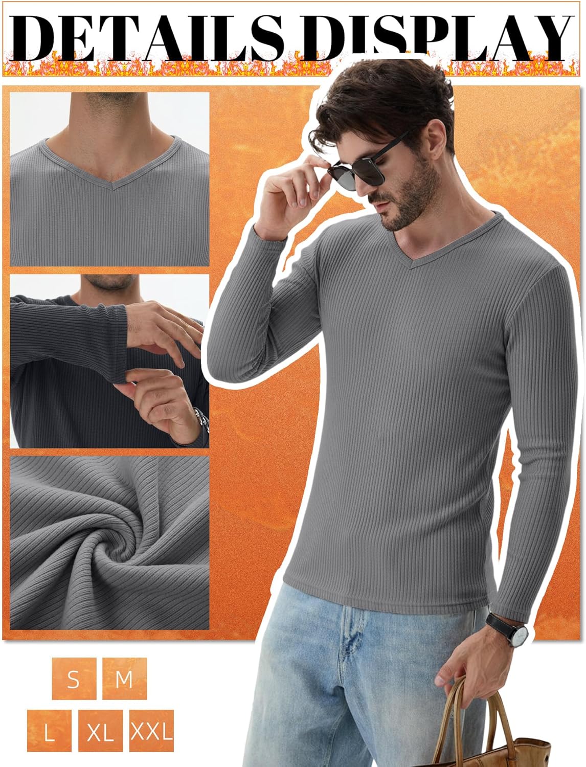 5 Pack Men's Ribbed Thermal Shirts Cotton Long Sleeve V Neck Tops Slim Fit Pullover Undershirt Winter Base Layer - Image 2