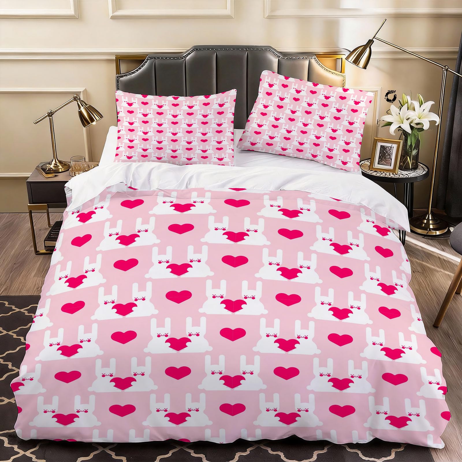 3D Rabbits Print Duvet Cover Child Bedding Double Bed Set, Soft Microfiber Comforter Cover Printed with Zipper Closure Quilt Coverr 200x200 cm and 2 Pillowcases