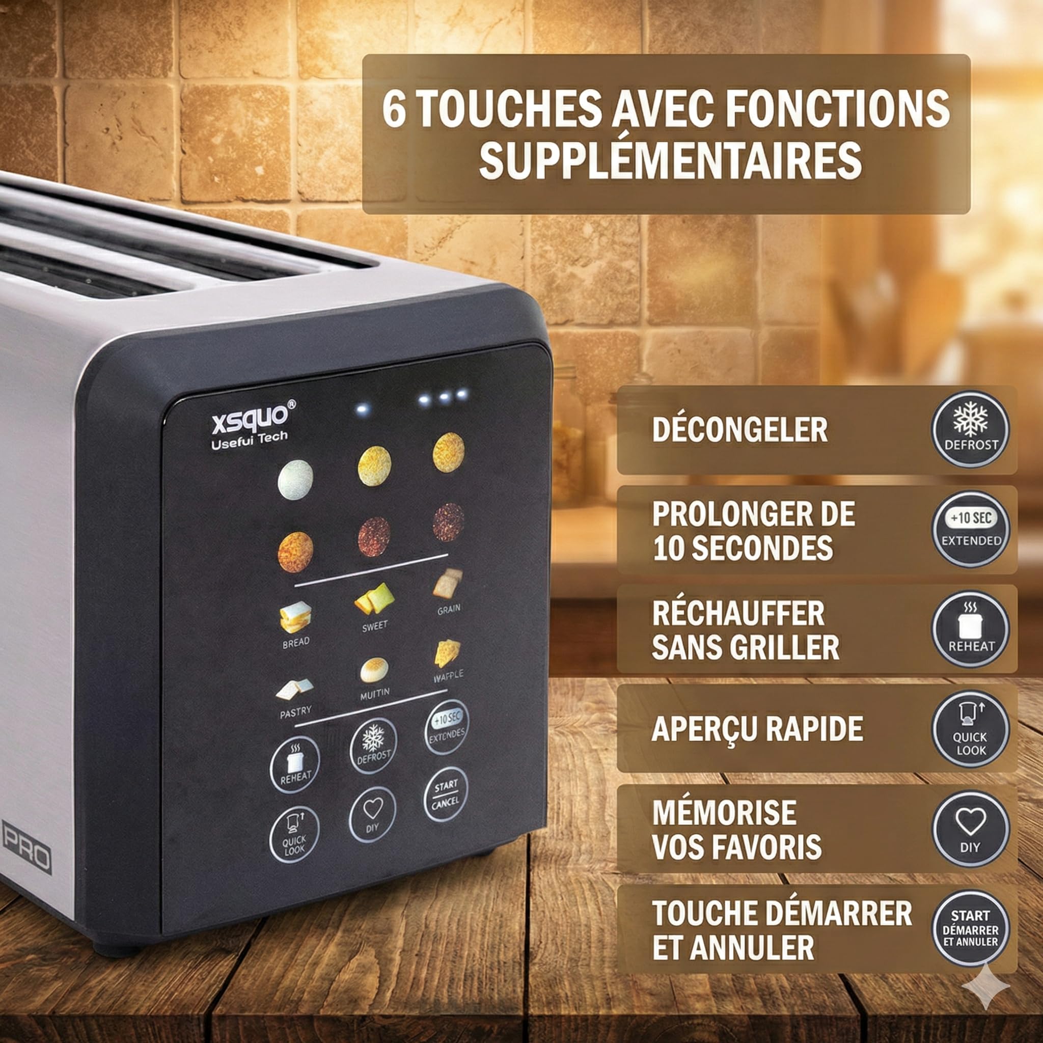 Grille Pain Intelligent avec Écran Tactile Toaster Motorisé (Auto Lift) Fente Longue 26cm Baguette Inox 6 Niveaux Dorage Décongélation Réchauffage Compte à Rebours Support Viennoiserie Ramasse Miettes