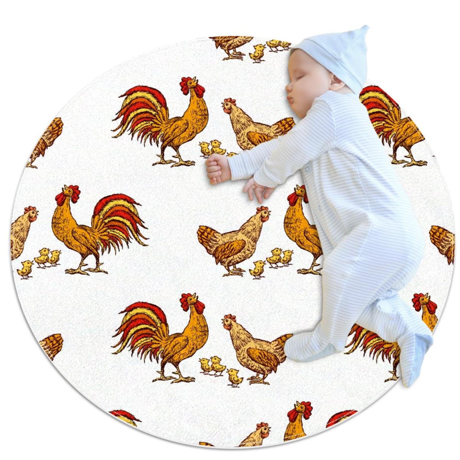 Tapis de salle de bain rond de 1m antidérapant avec motif coq et poussins rustiques