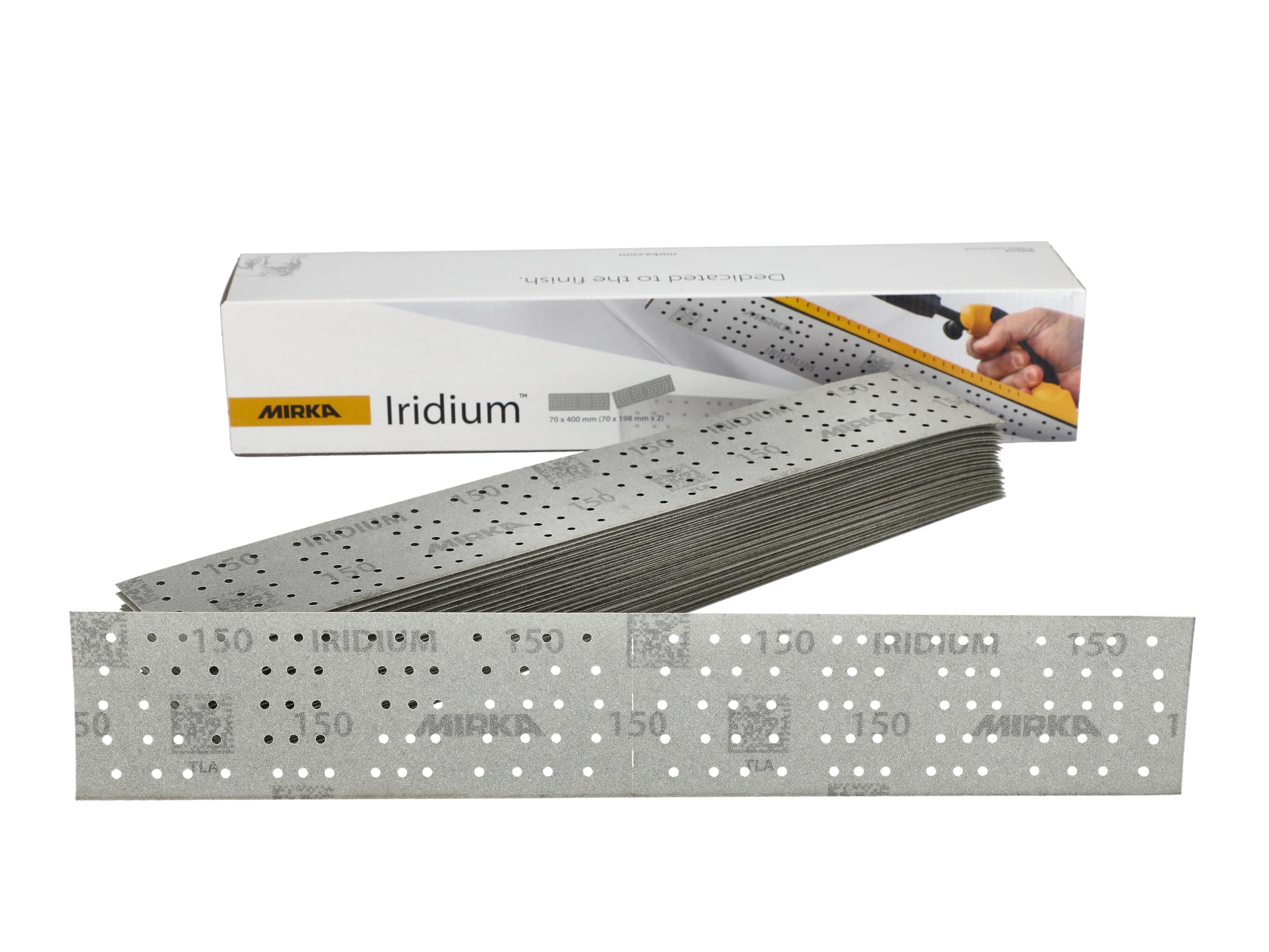 Mirka Iridium Premium Sandpaper 70x400mm and 70x198mm / Center perforated/Hook & loop/Grit 150, 50 pcs/For sanding paint, putty, primer, wood, steel, mineral materials, plastic.
