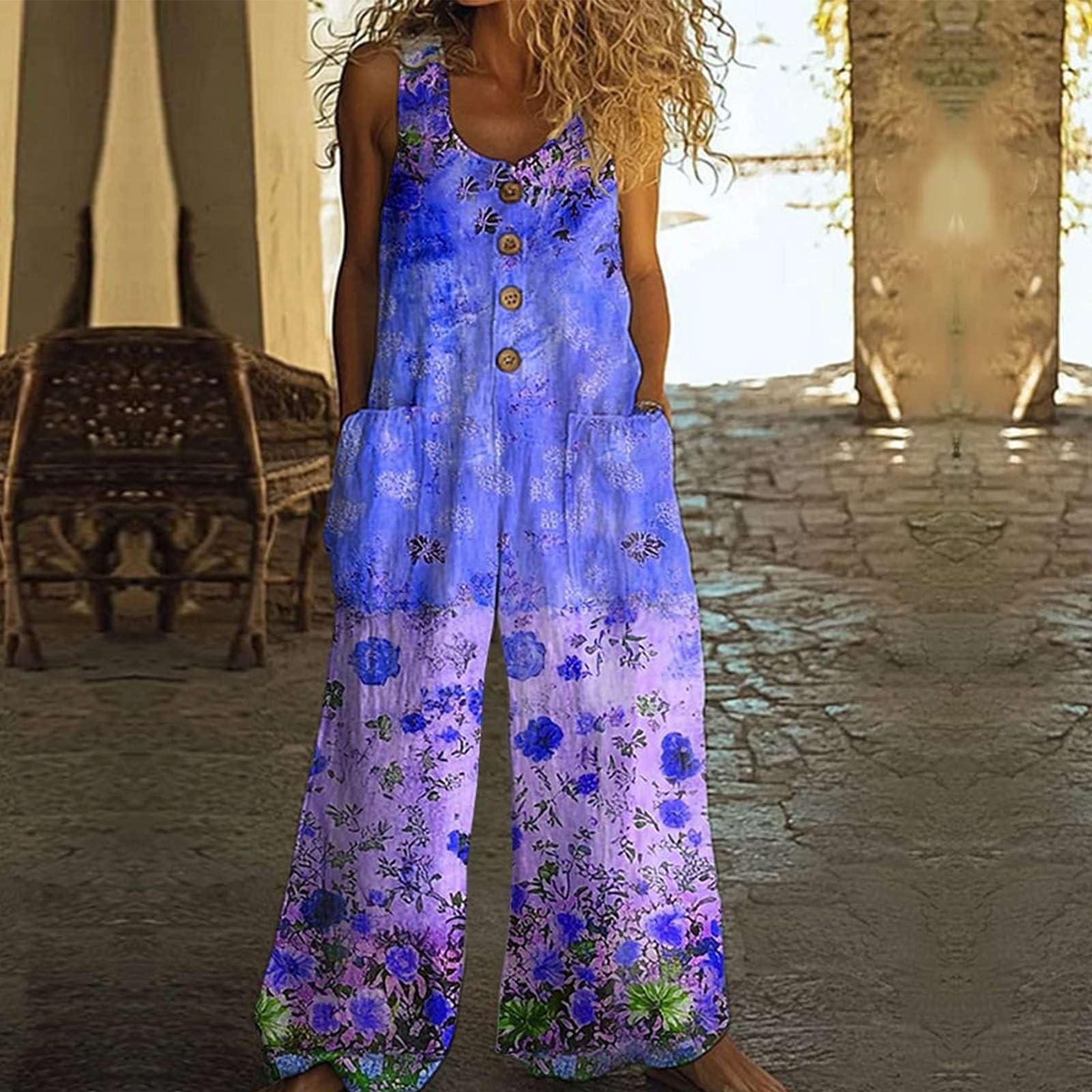 Generico Salopette Donna Estiva Lunga Boho Chic, Tuta Lino e Cotone Senza Maniche con Tasche e Bottoni, Jumpsuit Gamba Larga Stampa Astratta Multicolore, Tuta Intera Comoda per Mare e Vacanze