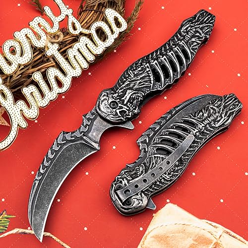 Miniatura 5 de VALHALLA Cuchillo de bolsillo de calavera, cuchillo plegable de bolsillo con calavera hueca 3D, cuchillo de bolsillo EDC para hombres, al aire