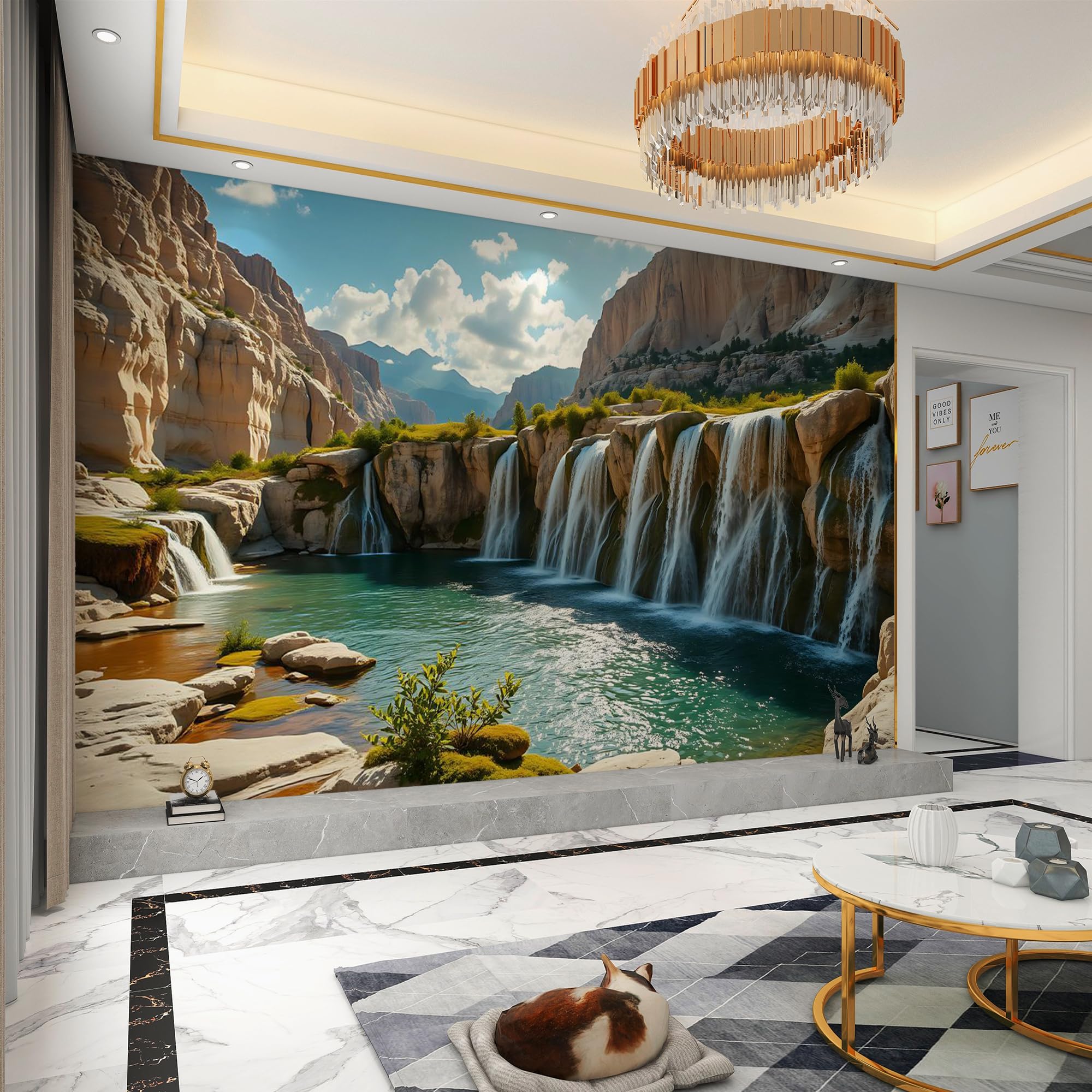 Carta da parati effetto 3D Cascata Montagna 300 x 210 cm Murale Non Tessuto Natura Paesaggio Fotomurale Stampa HD Moderna Poster Per Soggiorno E Camera Da Letto Design 2M1844