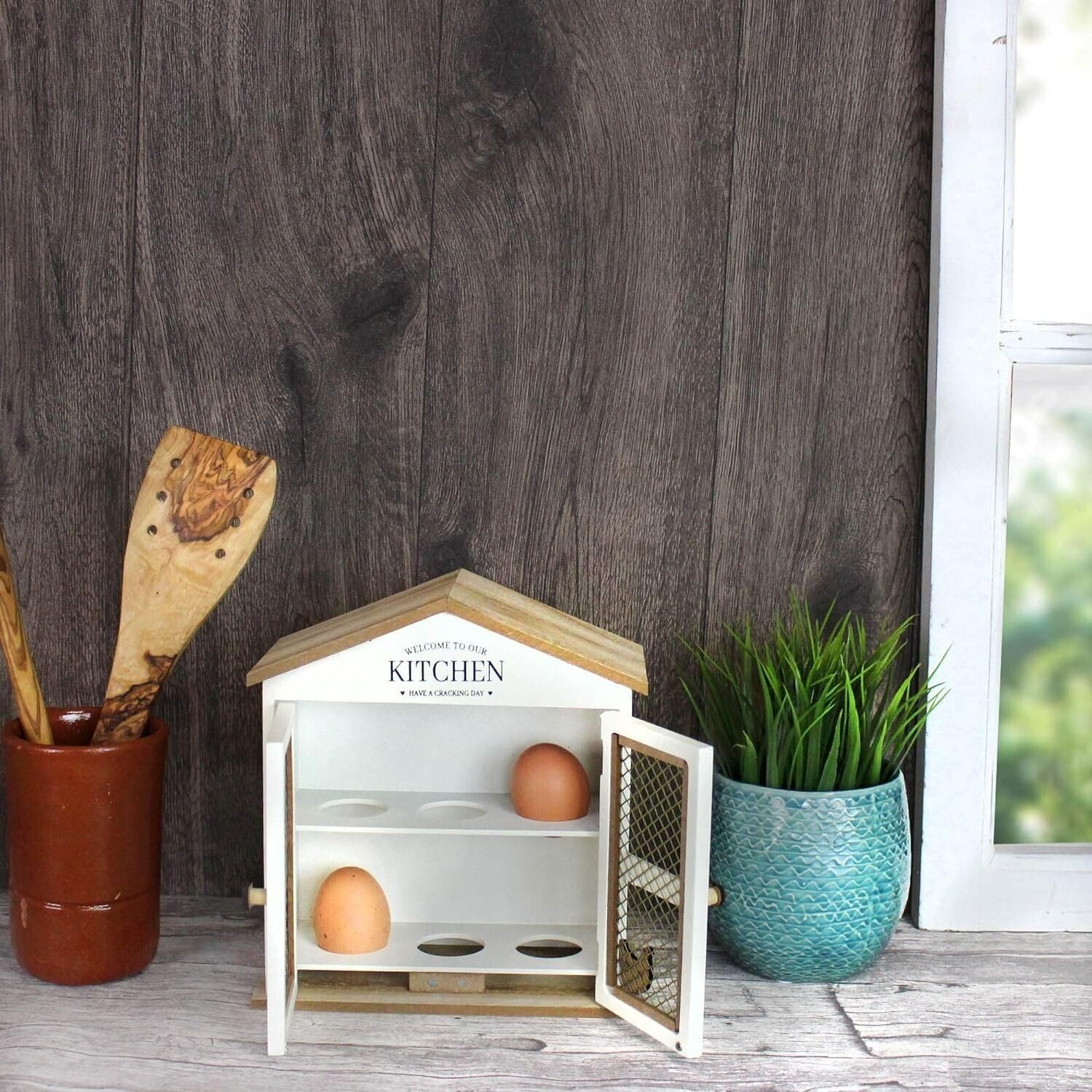 Marco Paul Wooden Egg House - Cream-Colored Holder for 6 Eggs, Shabby Chic Food Storage Cupboard with Doors for Your Rustic Kitchen