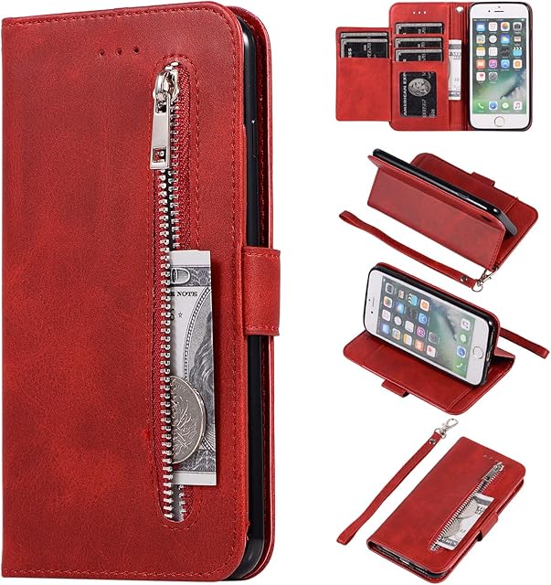 EYZUTAK Wallet Case for iPhone SE(5G) 2022 iPhone 7 iPhone 8 iPhone SE 2020, 5 Card Slots Magnetic Closure Zipper Pocket Handbag PU Leather Flip Case with Wrist Strap TPU Kickstand Cover - Red