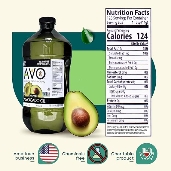 AVO Organic Avocado Oil for Cooking, Frying, Baking, Salads, Vinaigrette, Marinades - General Organic Cooking Oil 64 Fl-oz (Half a Gallon), NO preservatives added, High Smoke Point 500F