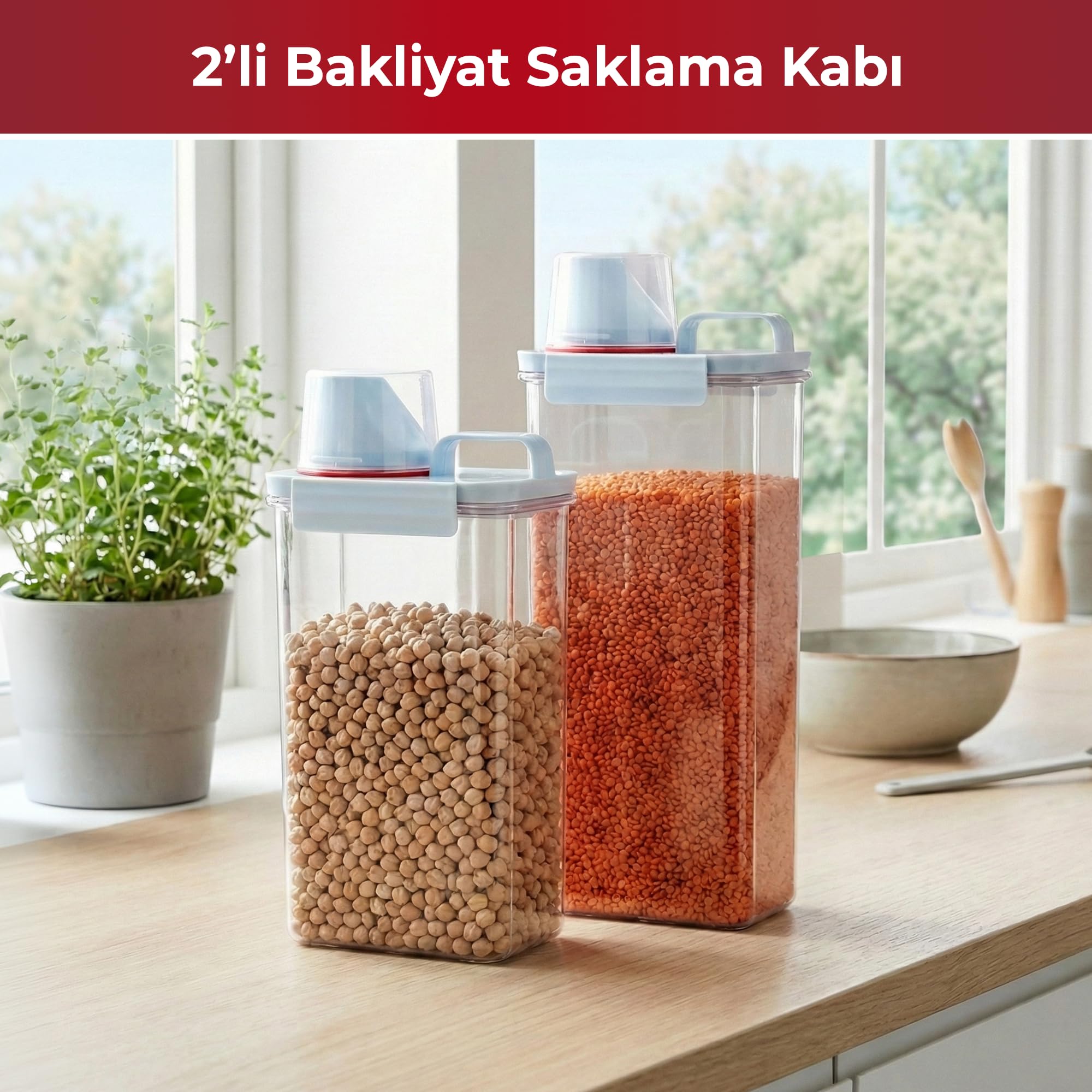 Pikas 2'li Büyük Boy Saklama Kabı – Ölçekli Kapak, Sızdırmaz Erzak Bakliyat ve Deterjan İçin Çok Amaçlı Set (2300-2800 ml)