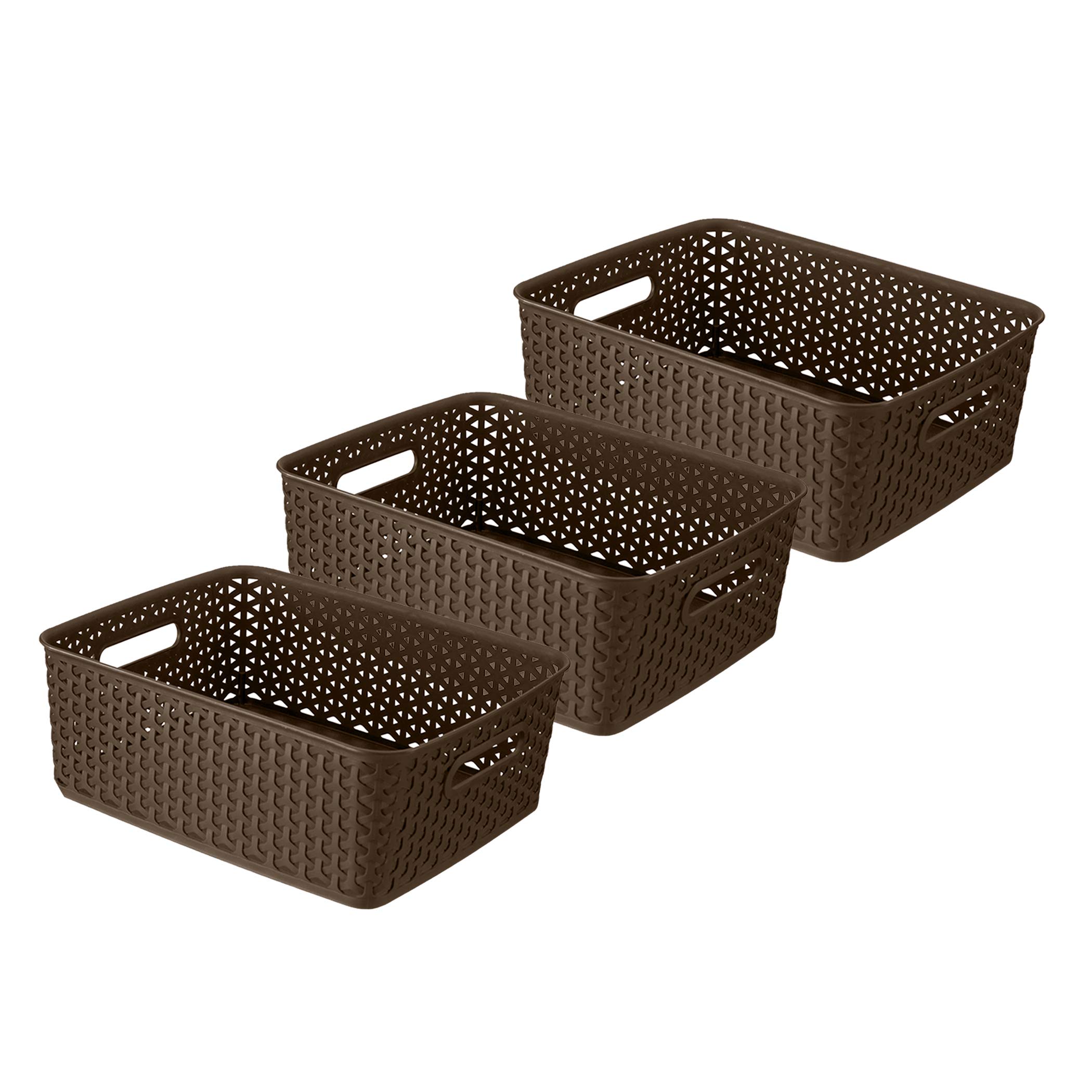BEL CASA Royal Basket -Small (Pack of 3) Multipurpose Plastic Storage Rectangular Shape Baskets For Wardrobe/Home/Kitchen-Dark Brown