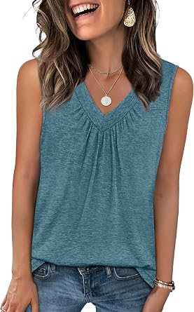 OFEEFAN Tank Top for Women Loose Fit Sleeveless Shirts V Neck Summer Clothes Ruched Womens Tees and Tanks Curved Hem