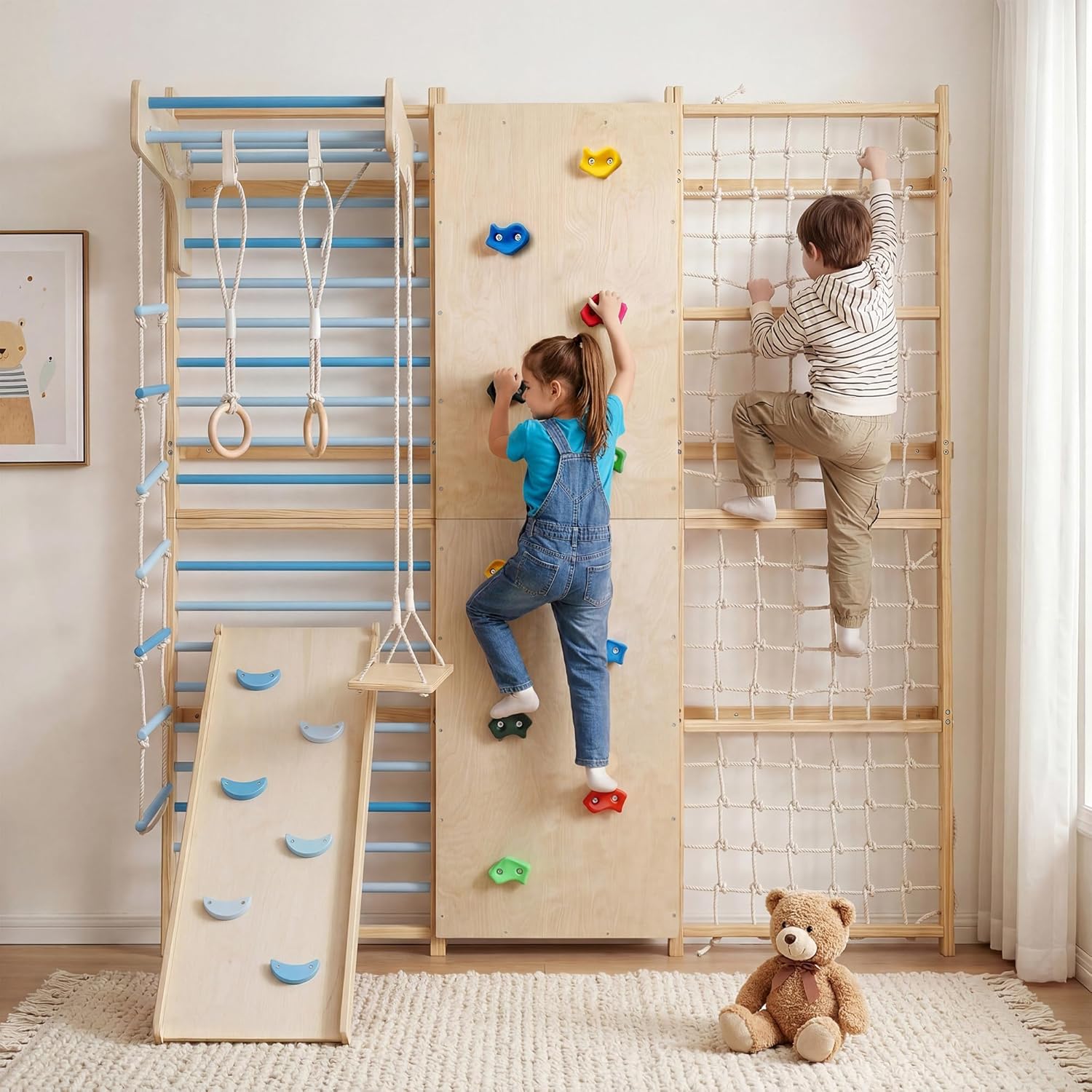 Multi-Functional Swedish Ladder Wall Gym, 94.5'' Wooden Wall-Mounted Climbing Set with Slide, Swing, Rope, Rings, Monkey Bars, Indoor Playset for Kids and Adults