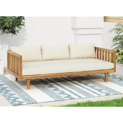 Merax Outdoor 3 Seater Daybed, Acacia Wood Day Bed Couch Sofa with Cushions for Patio Backyard, Garden, Beige