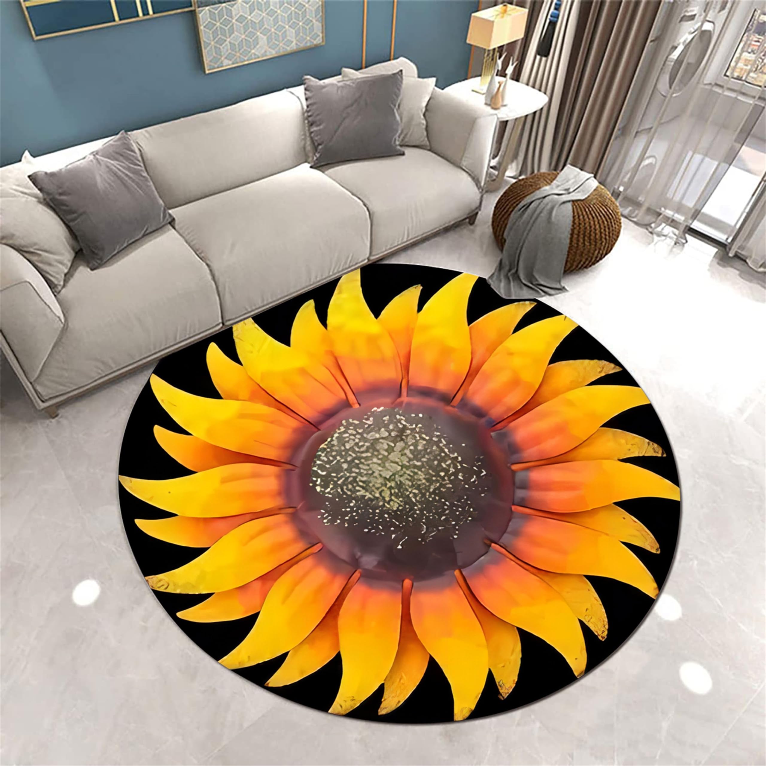 Houient Sunflower Round Area Rug 5ft Golden Yellow Brilliant Sunflower Pattern Non-Slip Circle Rug for Bedroom Living Room Kitchen and Bathroom