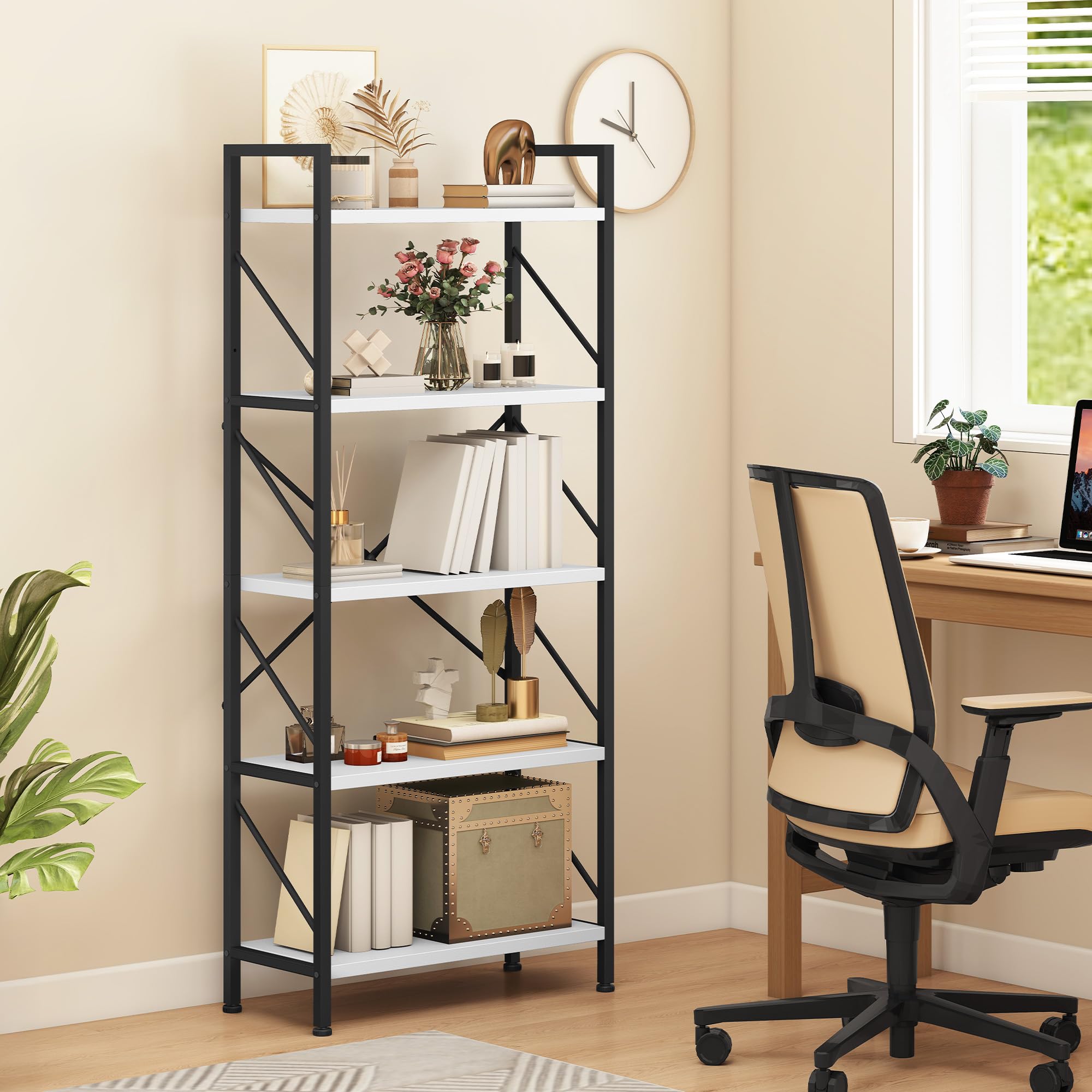 DWVO 5 Tiers Book Shelf, Wood and Metal Bookcase Storage Organizer, Industrial Bookshelf Tall Shelving Unit Display Rack for Living Room Kitchen Bedroom, White Book Rack