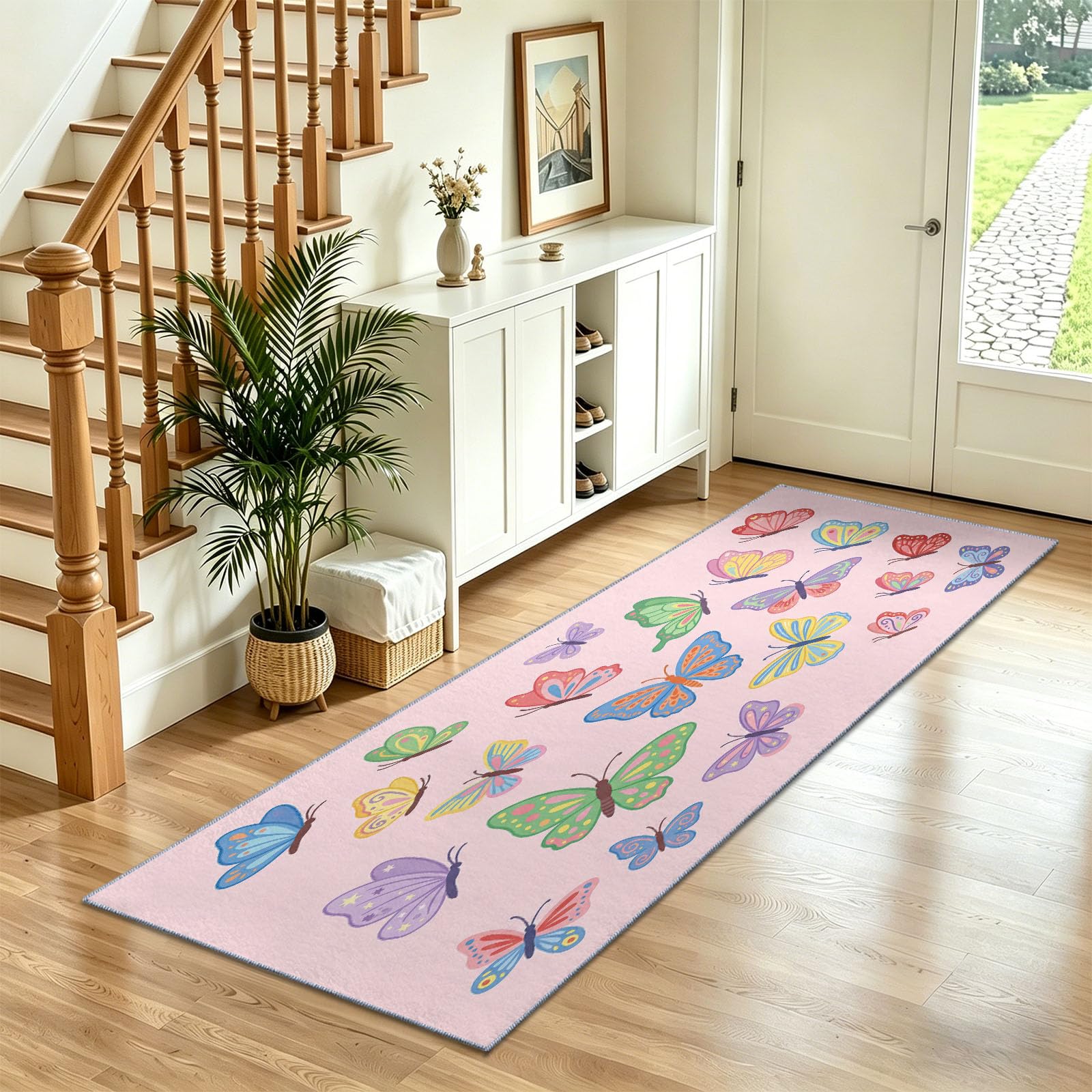 Tapis de Couloir Long 80 x 180 cm, Rose Tapis Cuisine Antidérapant Lavable, Minimaliste Élégant Animaux Mignon Papillon Tapis de Passage Doux pour Salon, Entrée, Balcon, Chambre Adulte Enfant