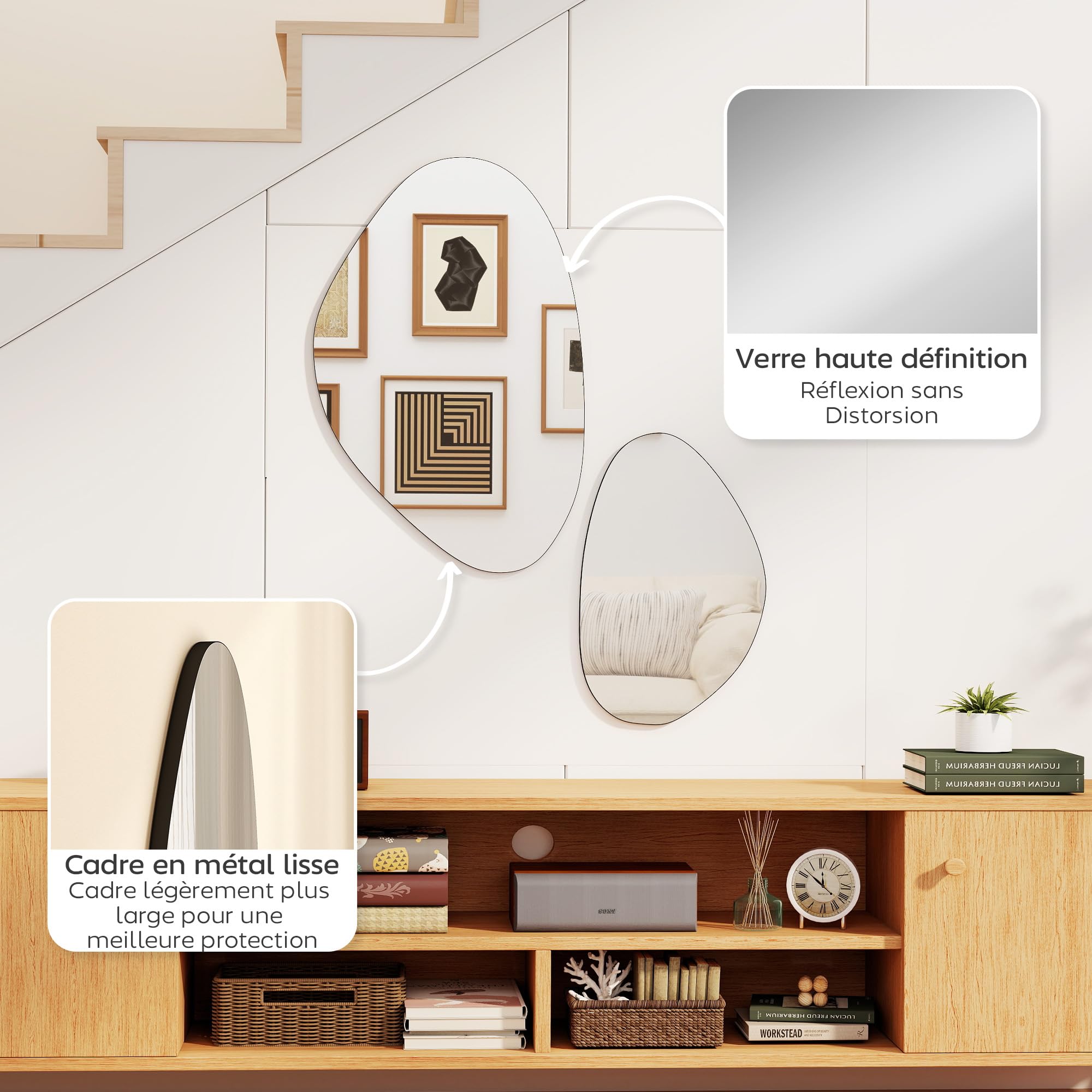 HOMCOM Specchio irregolare set 2 a ciottolo cornice metallica nero | 70 x 46 cm, 49.5 x 31 cm, Specchio asimmetrico sospeso a parete, soggiorno, ingresso, camera da letto, corridoio