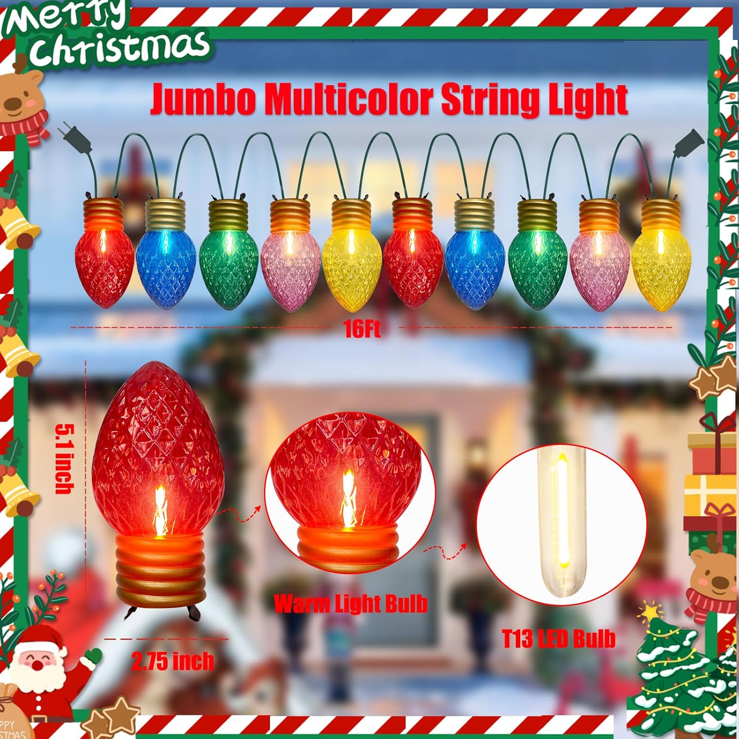 Jumbo Christmas String Lights 16FT Large Hanging Lights with 10 5'' LED Giant Diamond Multicolor Bulbs, Vintage Christmas Decor for Holiday Home Tree Roof