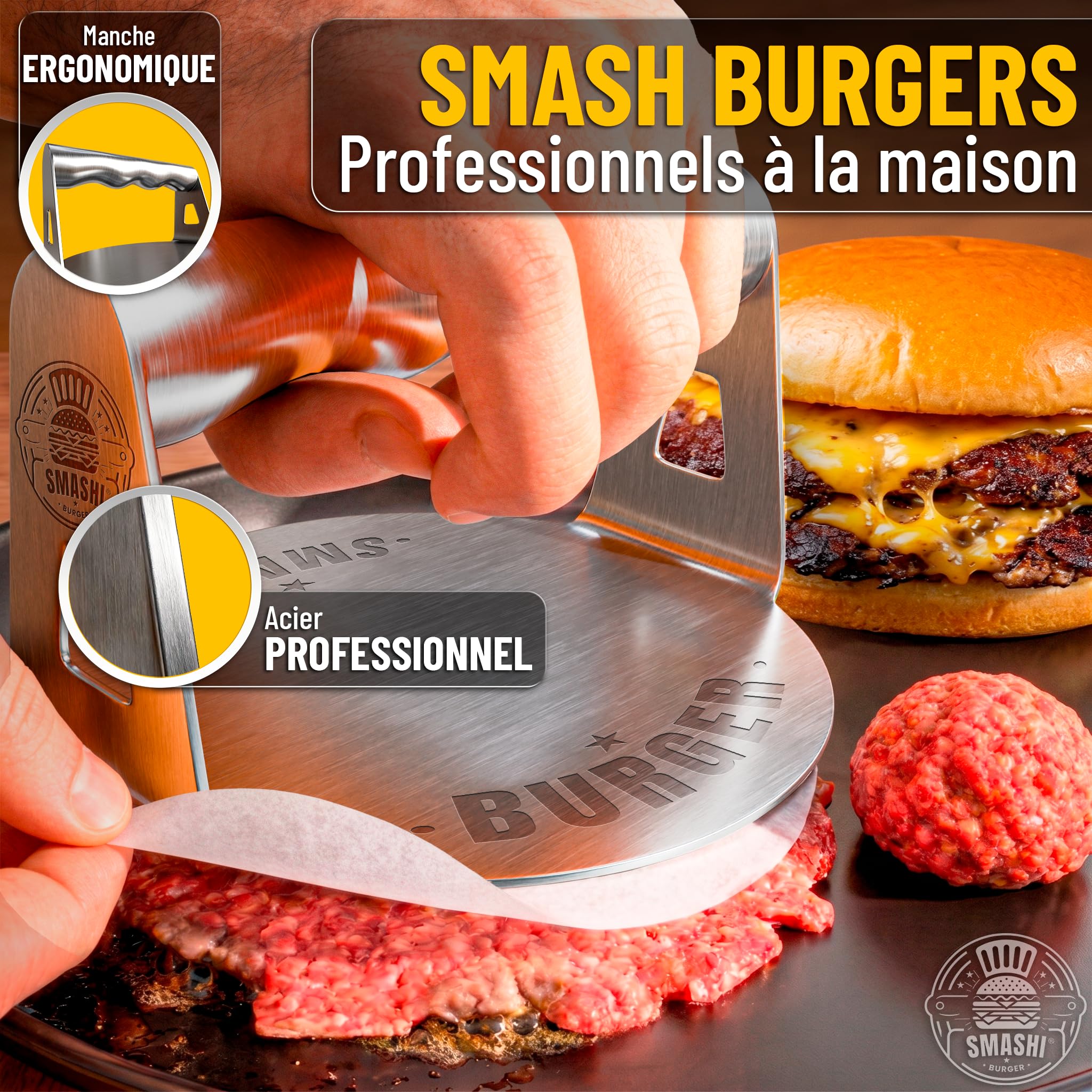 SMASHI® Smash Burger Kit de pièces Professionnelles en Acier Inoxydable 304 certifié EU Contact Alimentaire | Presse Smash Burger Anti-adhésif | Le véritable kit Smash Burger (Professionnel)