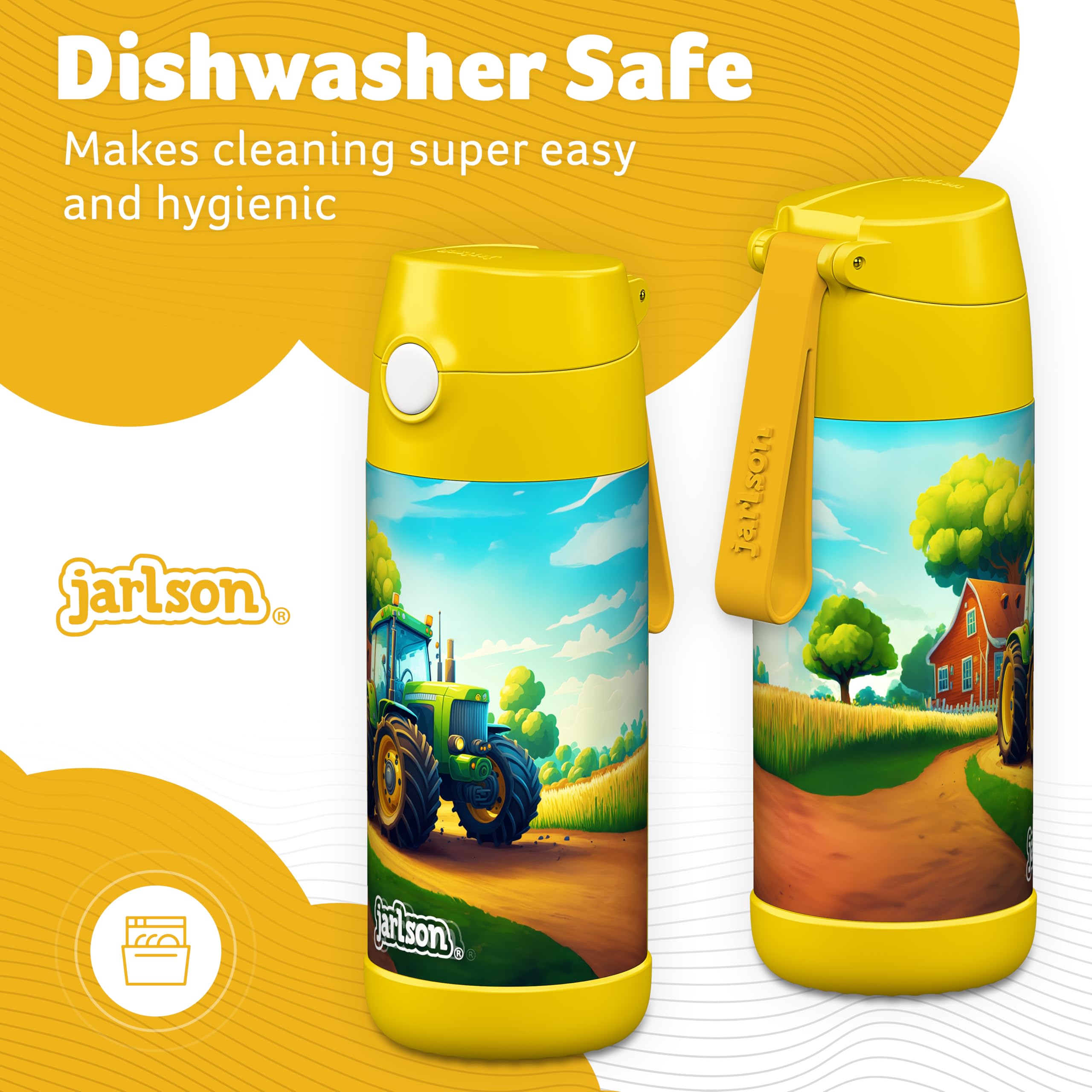 JARLSON® Borraccia Bambini Acciaio Inox, Bottiglia Termica, Senza BPA, Bottiglia Acqua con Cannuccia, Termos 350 ml (Trattore)