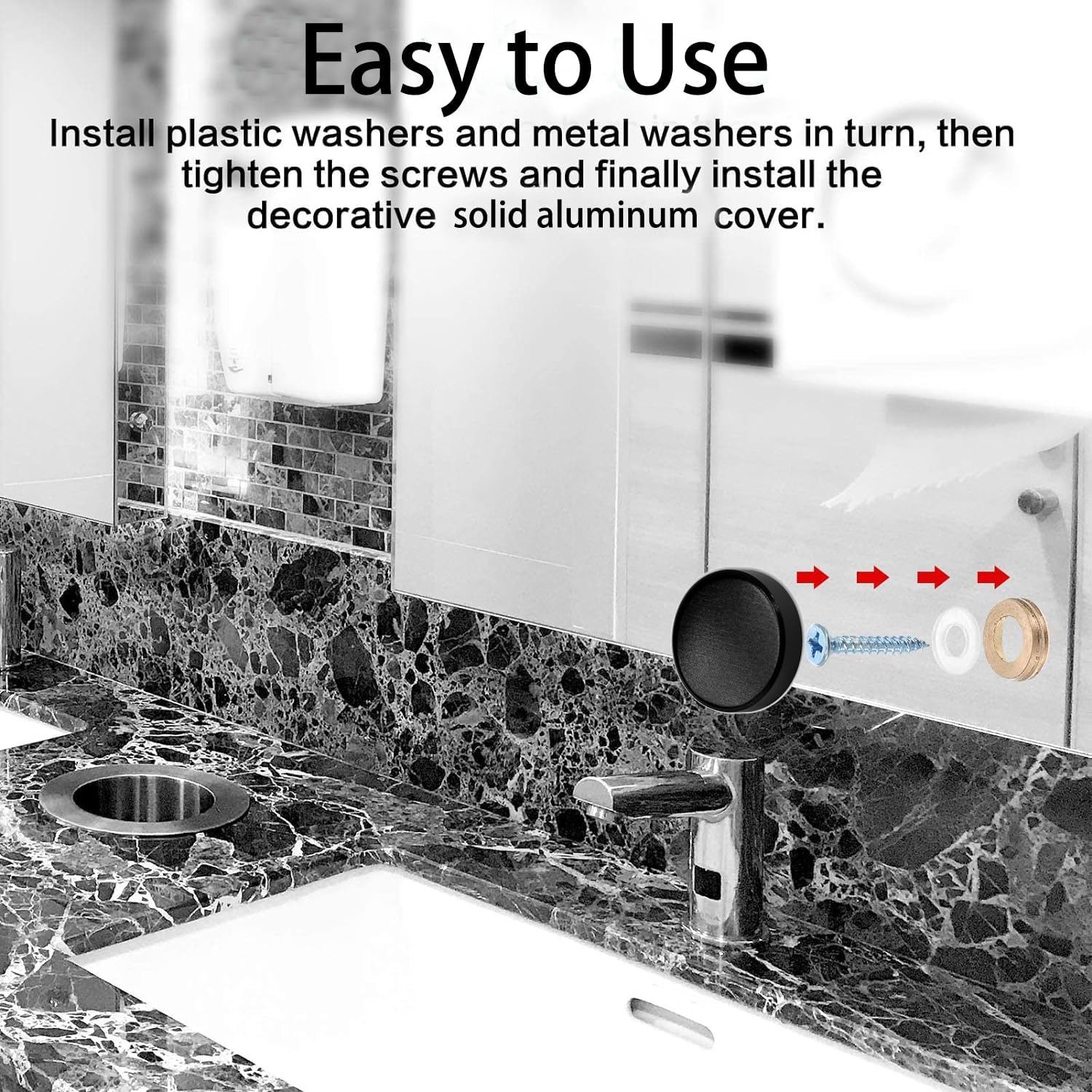 Decorative Screw Caps,Solid Aluminum Alloy Cap Mirror Screws Decorative Screw with Caps, 0.6", Polished Black