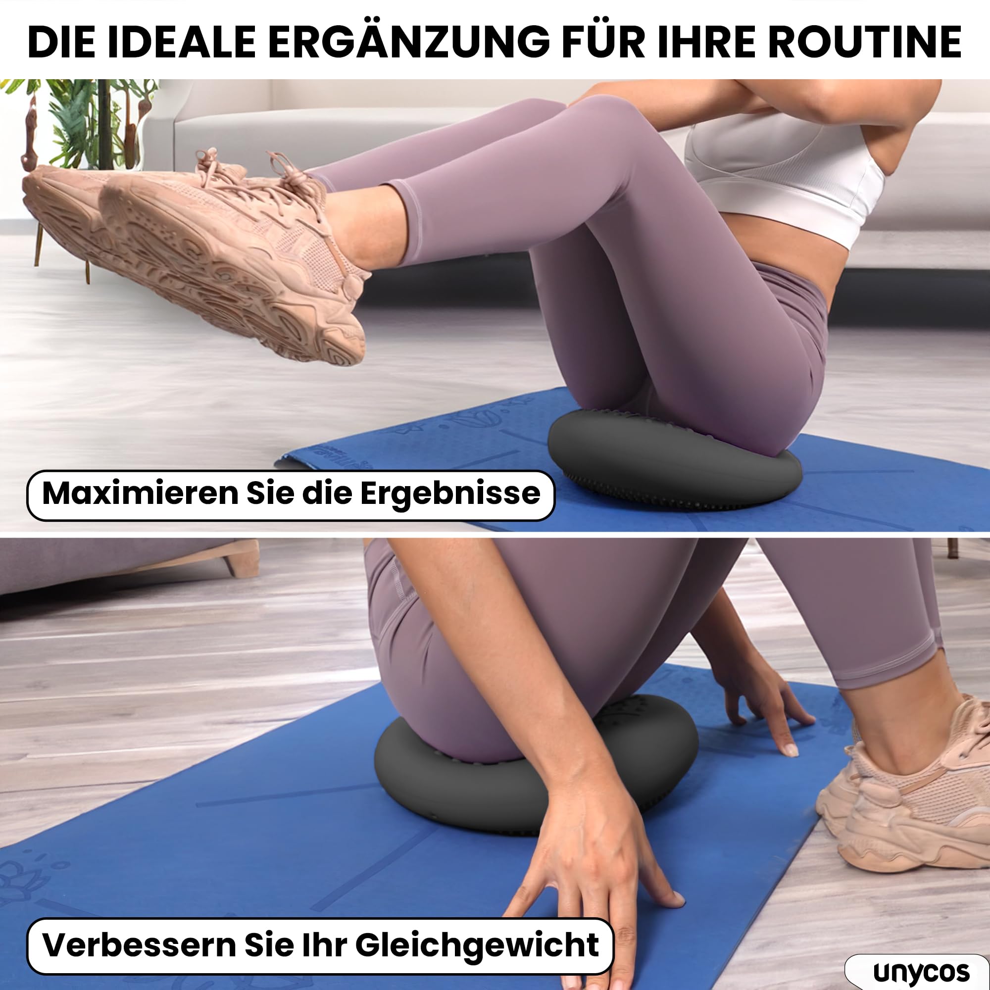 unycos - Ballsitzkissen Ø33 cm inklusive Pumpe, Noppenkissen, Luftkissen, Anti-Burst Sitzkissen, Balancekissen, Core, Rücken, Fitness Koordinations und Rückentraining (PureZen)
