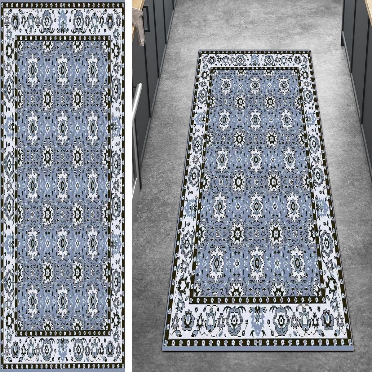 Alfombra azul para pasillo de pelo corto vintage con base de seguridad lavable a máquina