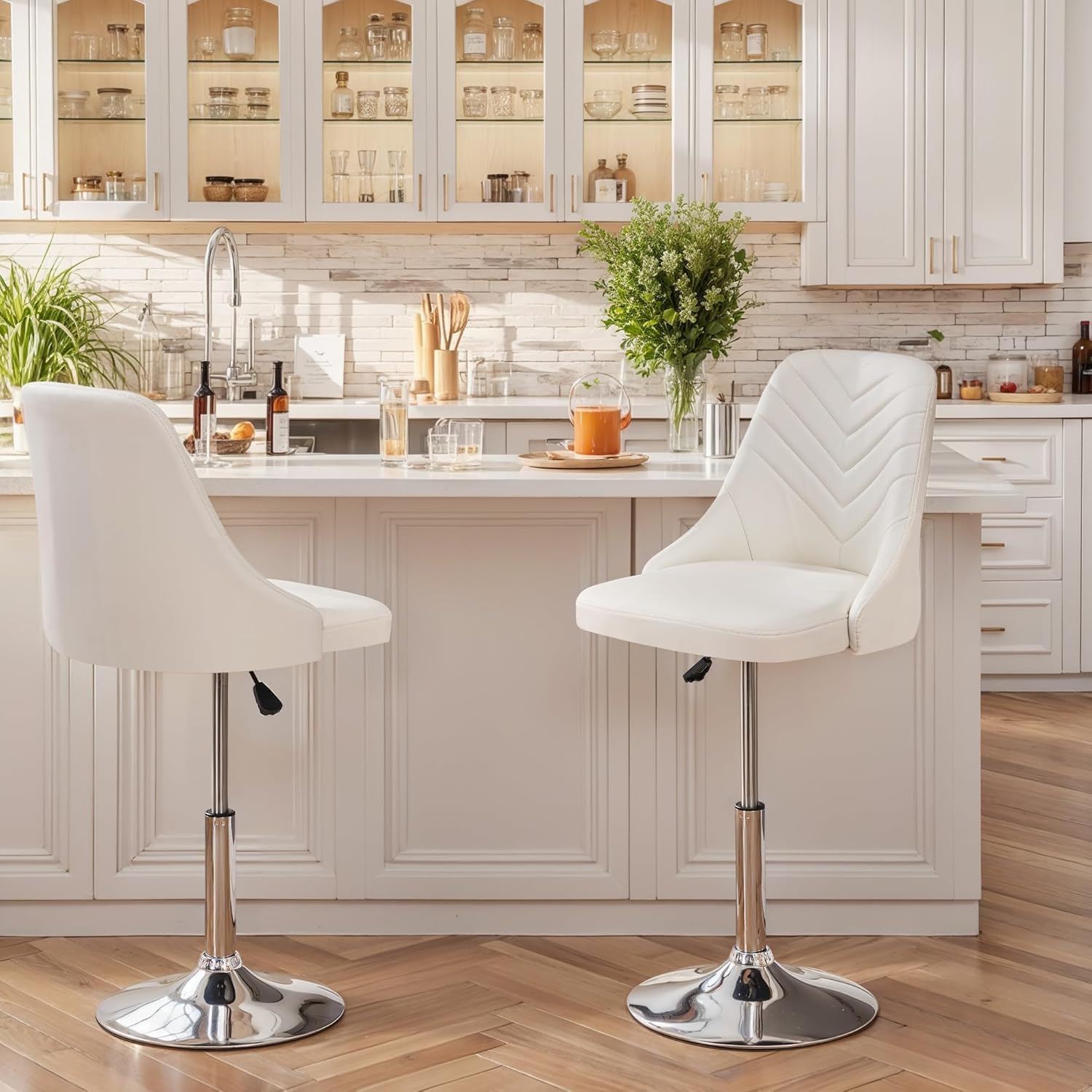 VECELO Bar Stool, Adjustable Barstools with Backrest, 360°Swivel PU Leather Stools for Kitchen Counter, Modern Style, White
