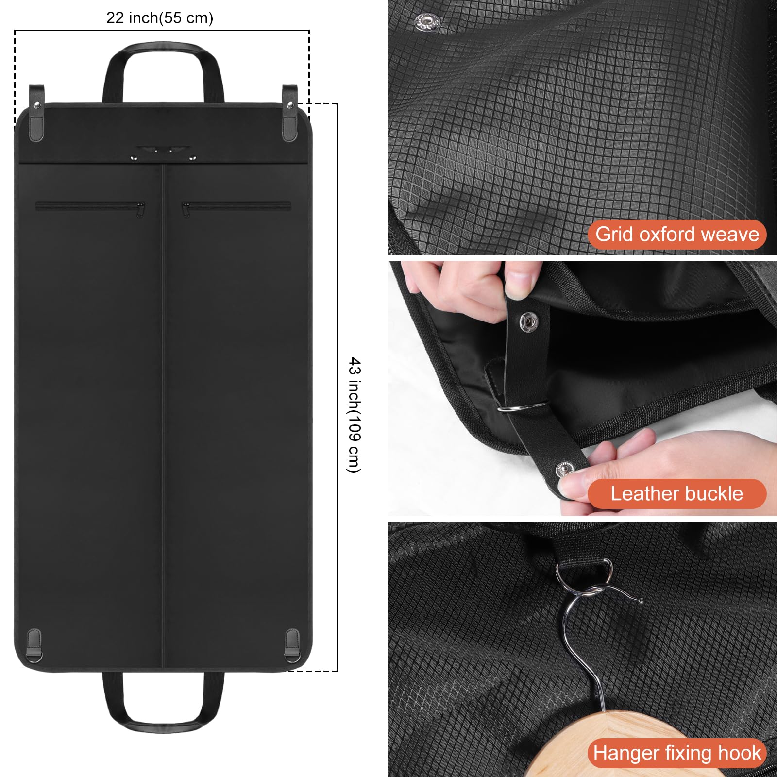 Univivi Kleidersäcke für Reisen, robuste Reisetasche für Damen und Herren, faltbare Kleidersäcke zum Aufhängen von Kleidung mit 5 Reißverschlusstaschen für Anzüge, Mäntel, Hemden, kurzes Kleid, 109,2