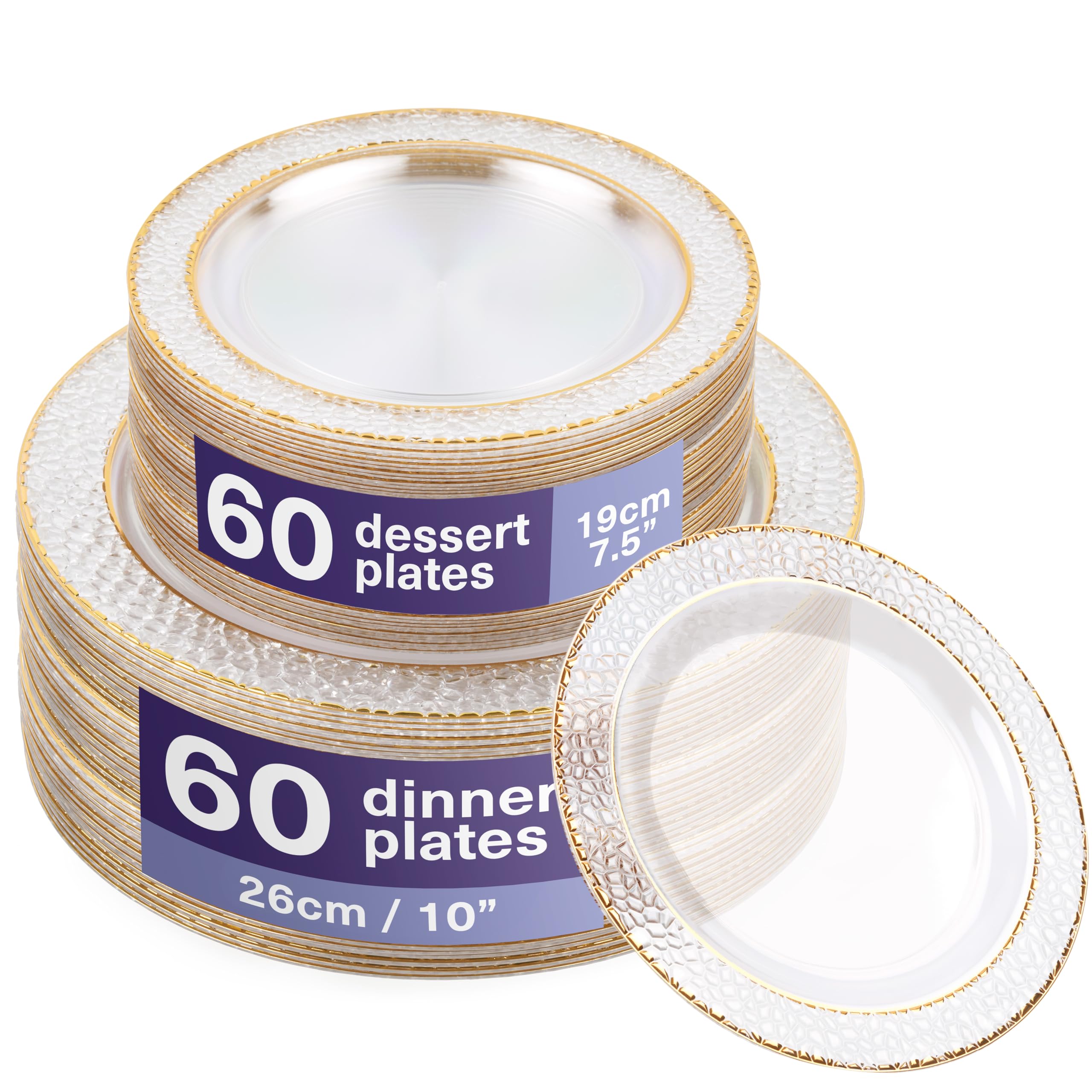 MATANA 120 Premium Hard Plastic Plates with Hammered Gold Rim - 60 x 26cm, 60 x 19cm - Reusable Gold Party Plates for Weddings, Birthdays, Christmas, Parties