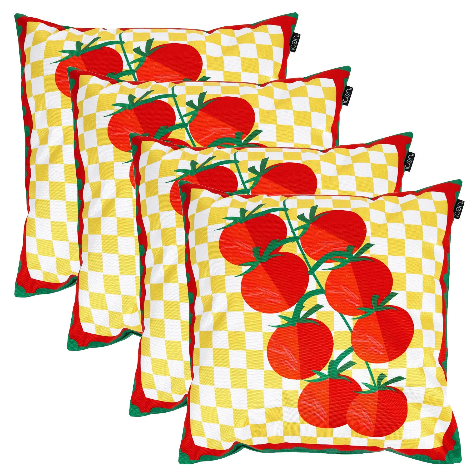 icon Indoor Outdoor Cushions Filled, Italian Collection, Tomato Print, Set of 4, 43cm x 43cm, Water Resistant, Red Outdoor Cushions for Garden Furniture, Lounge, Garden, Patio