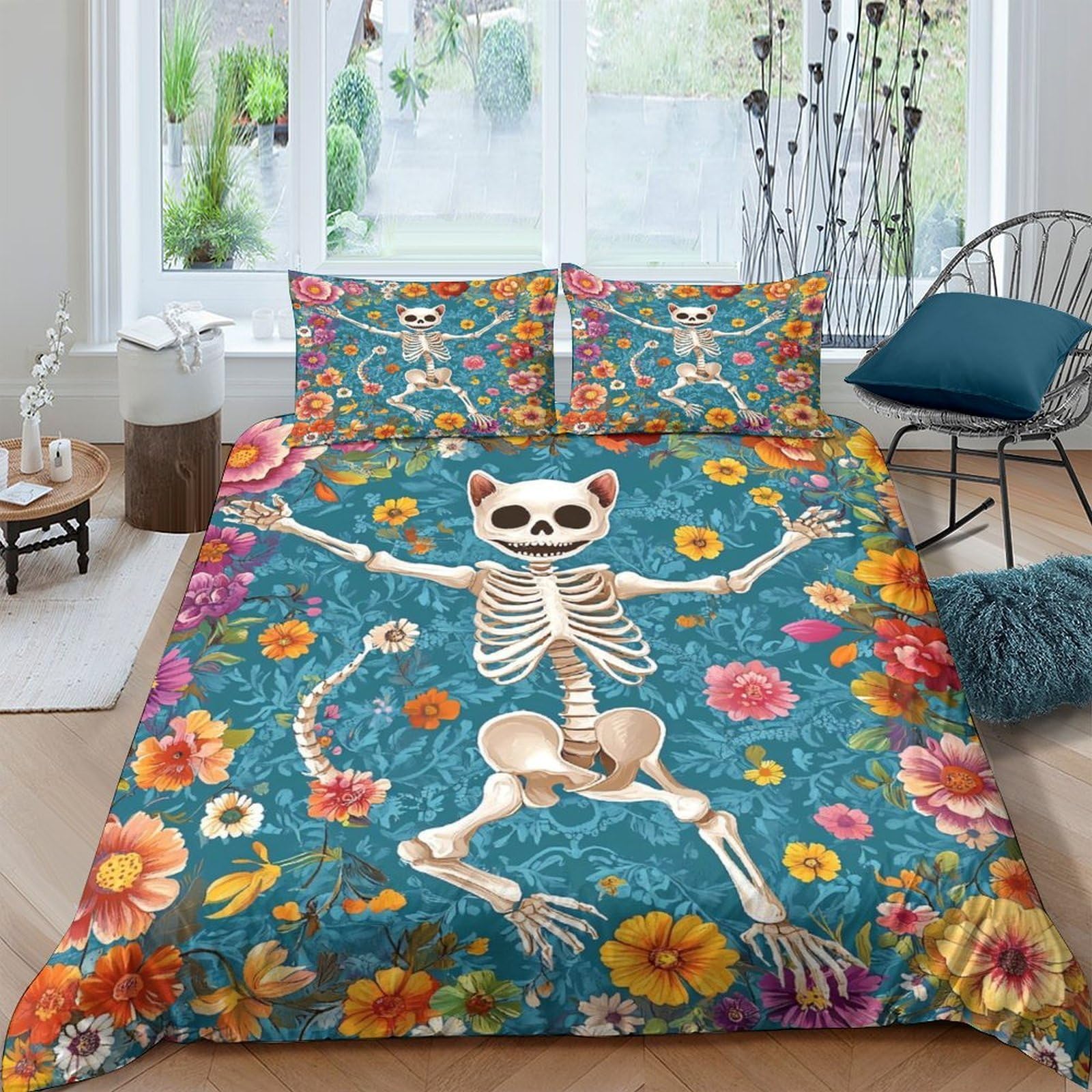 Ctjqhvkz Style-7 3D Printed Skeleton Floral Fitted Sheet Microfiber Colourful Flower Bed Cover For Bedroom Dorm Mattress Decor Single（135X200cm）