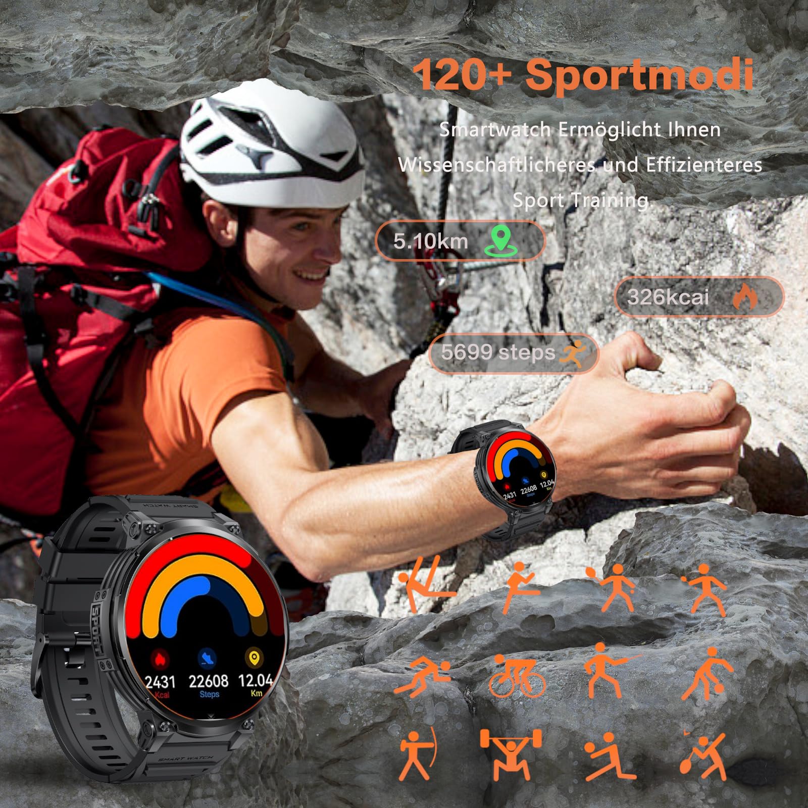 Smartwatch voor heren, 800 mAh accu, 1,85 inch HD groot display/led