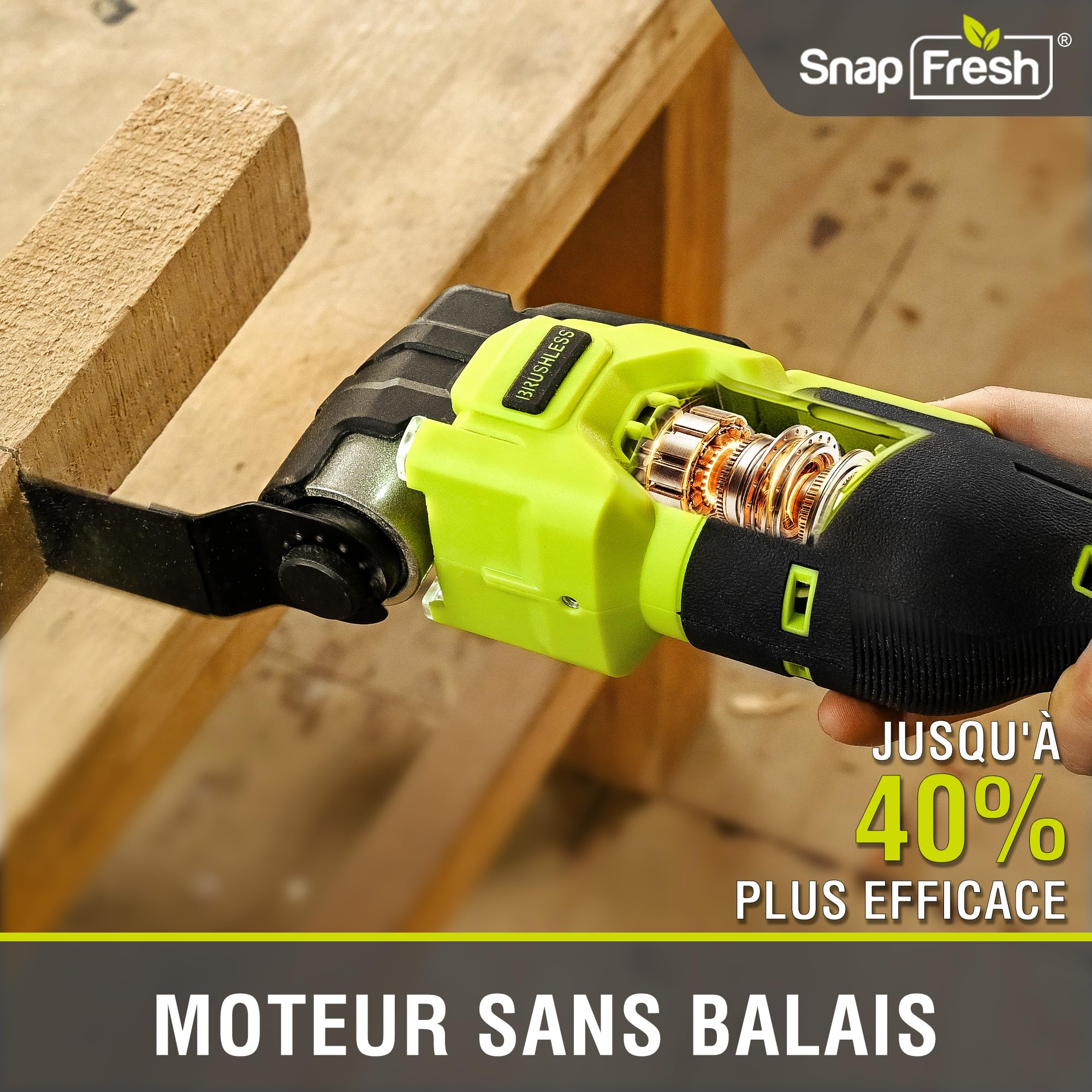 SnapFresh 20V Brushless Outil Multifonction Oscillant Sans Fil, Technologie Anti-Vibration, 6 Vitesses Réglables, 4° Angle d'Oscillation, avec Batterie 2,0 Ah, Chargeur Rapide et Sac de Transport