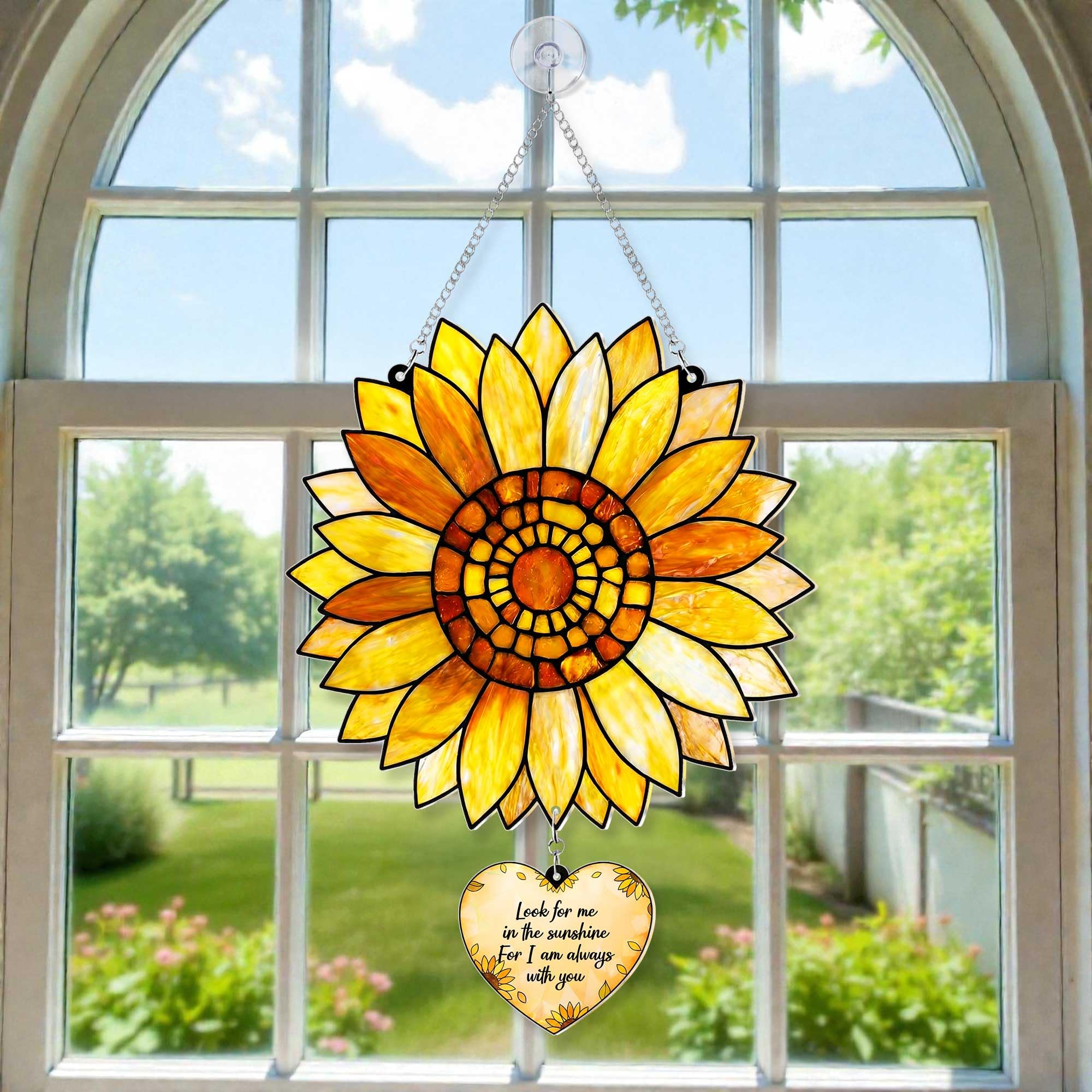 Sunflower Memorial Acrylic Suncatcher with Heart Charm, Memorial Window Hanging, Sympathy Gift for Loss, Remembrance Keepsake, Bereavement Gifts Ideas, Memorial Gifts