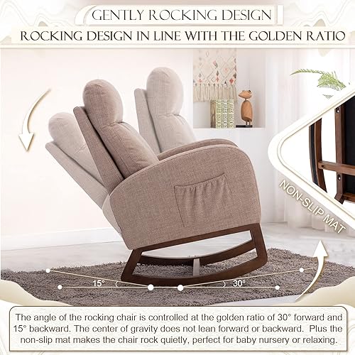 Miniatura 4 de KINFFICT Cómoda mecedora, tapizada para guardería o relajación, sillón de sala de estar con respaldo alto y reposacabezas, moderno balancín con