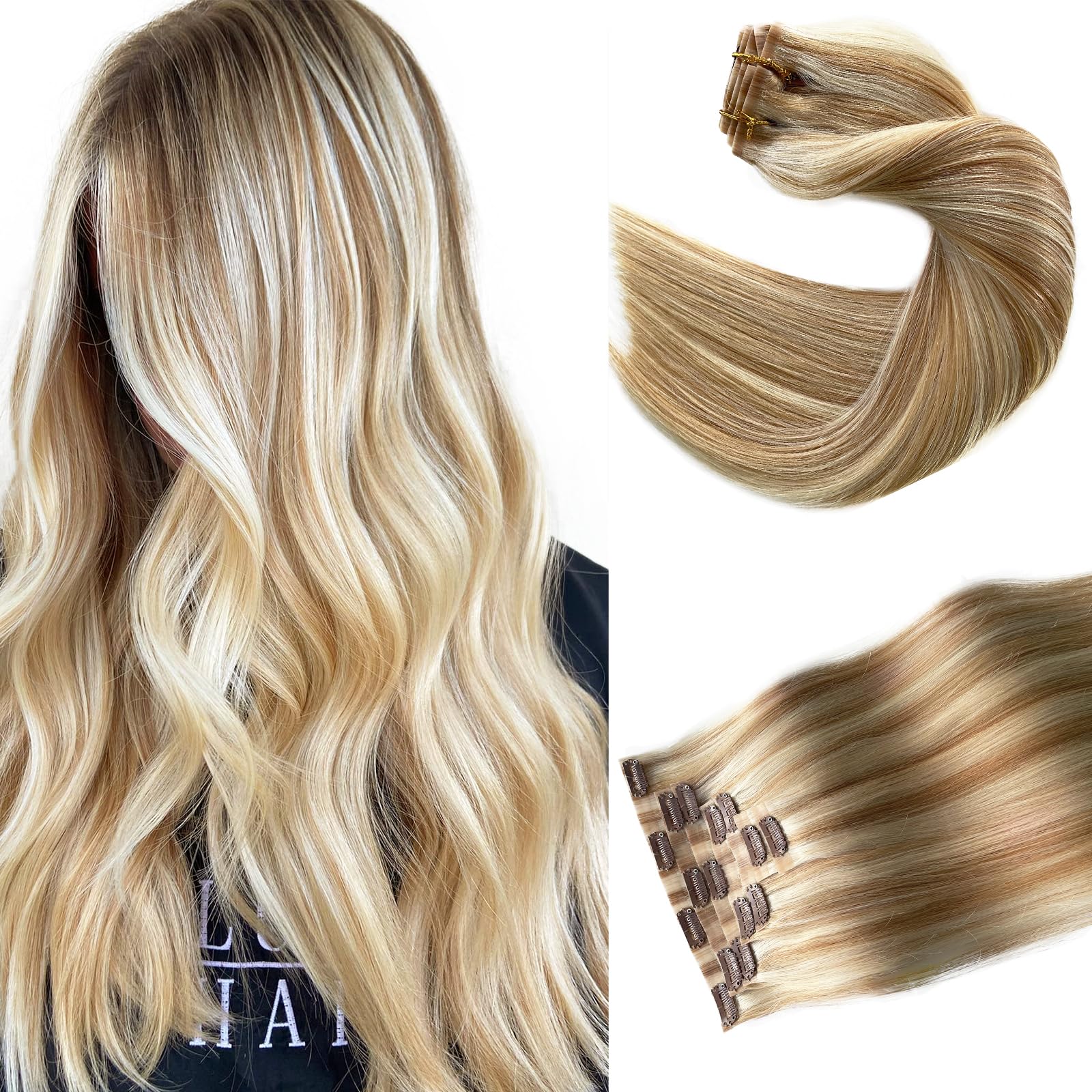 Seamless Clip in Hair Extensions, Strawberry Blonde Balayage Highlights Clip in Hair Extensions Real Human Hair, 7pcs 100G 14 Inch, Clips Hair