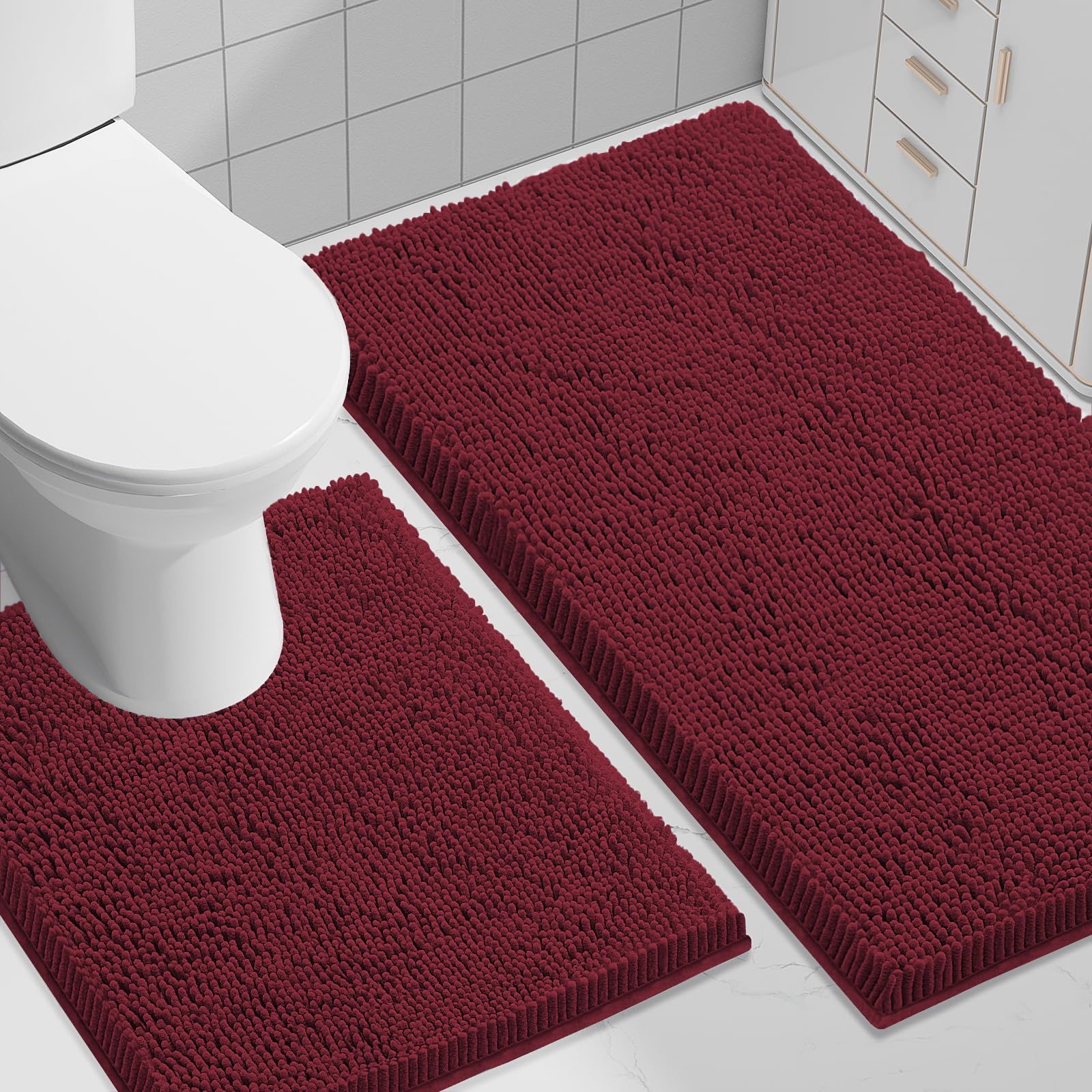 Smiry Bathroom Rugs Set 2 Piece, Soft Absorbent Chenille Bath Mat and U-Shaped Toilet Rug Set, Non Slip Shaggy Bath Carpet for Tub, Shower and Floor (