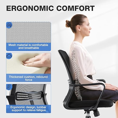 Miniatura 4 de Silla de escritorio, silla de oficina con ruedas, silla de oficina ergonómica con soporte lumbar, respaldo medio con reposabrazos, color negro