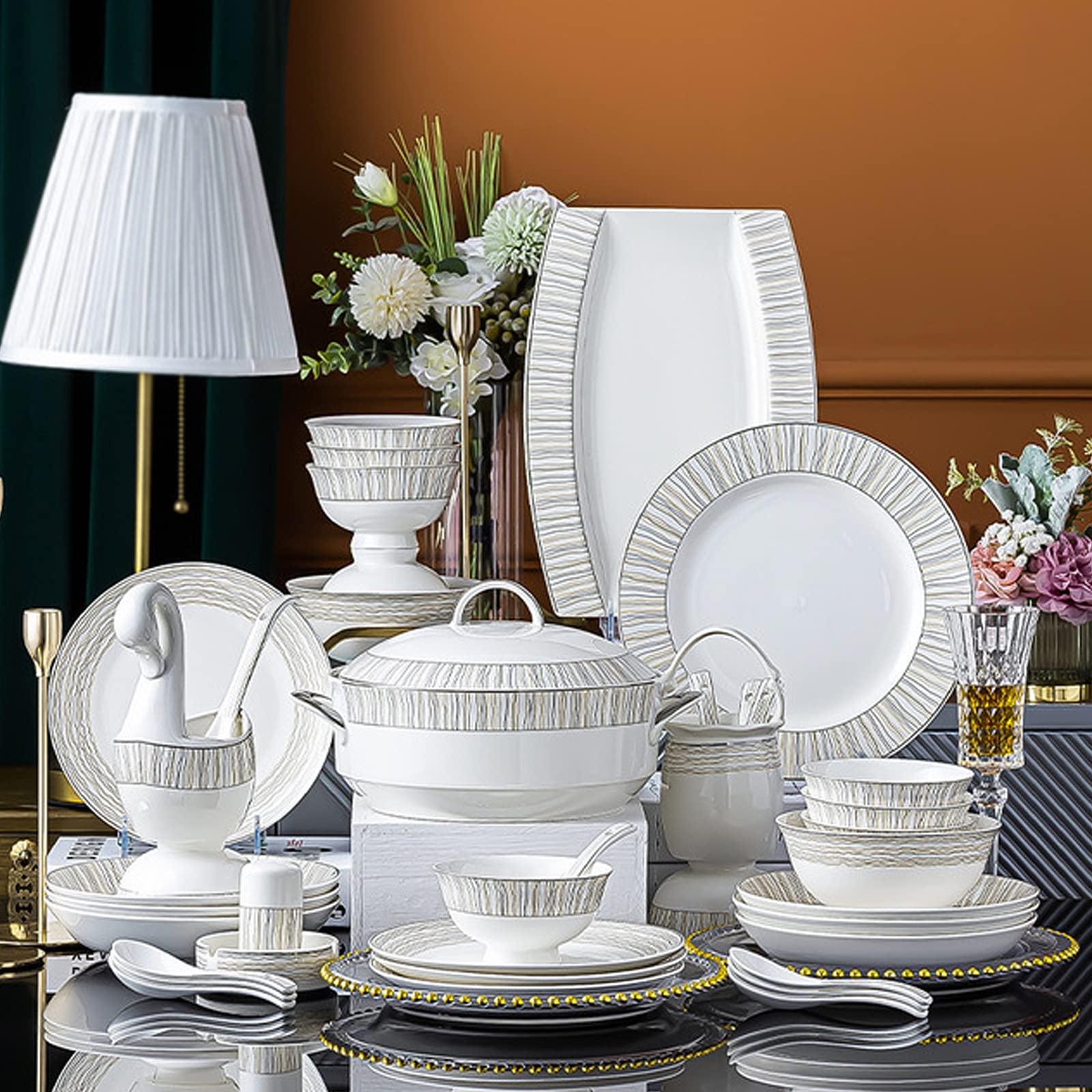 Zestawy obiadowe z porcelany kostnej Nordic Creative Phnom Penh Kombinacja zastawy stołowej z ceramiki Odpowiednie na prezenty, wesele, hotel, 60 sztuk