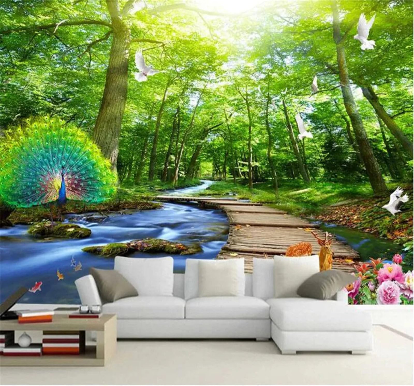 Tzxztt Fresh Ethereal Landscape Peacock Flowing Water Modern 3D Wallpaper Premium Textured Silk Neutral Tones Material Ideal for Living Room Bedroom-200cm×140cm
