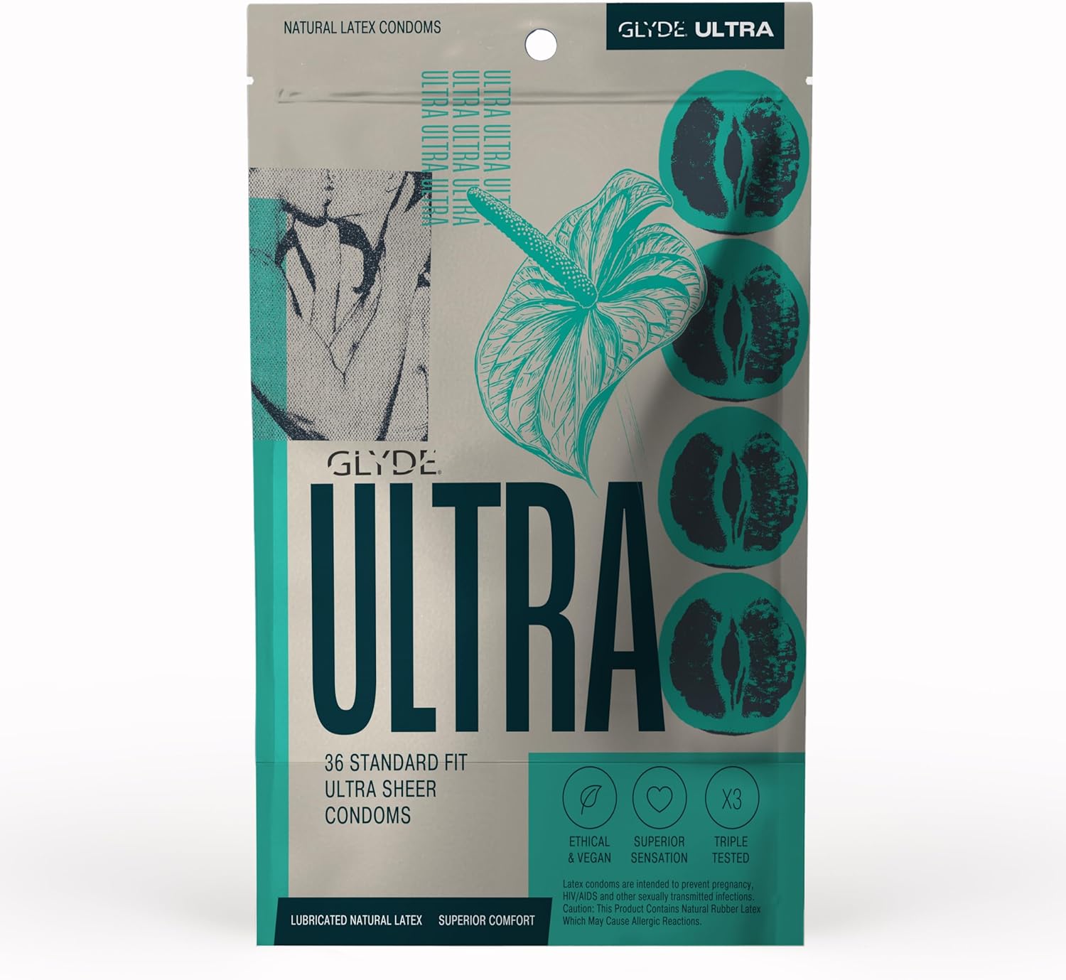 GLYDE Ultra - Standard Fit Condoms - 36 Count - Ultra-Thin, Vegan, Non-Toxic, Medium Natural Rubber Latex, 53mm for Silky Fit